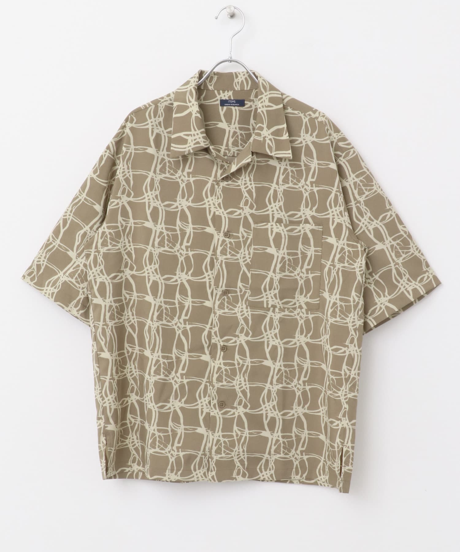 ラインアートプリントオープンカラー半袖シャツ BEG M