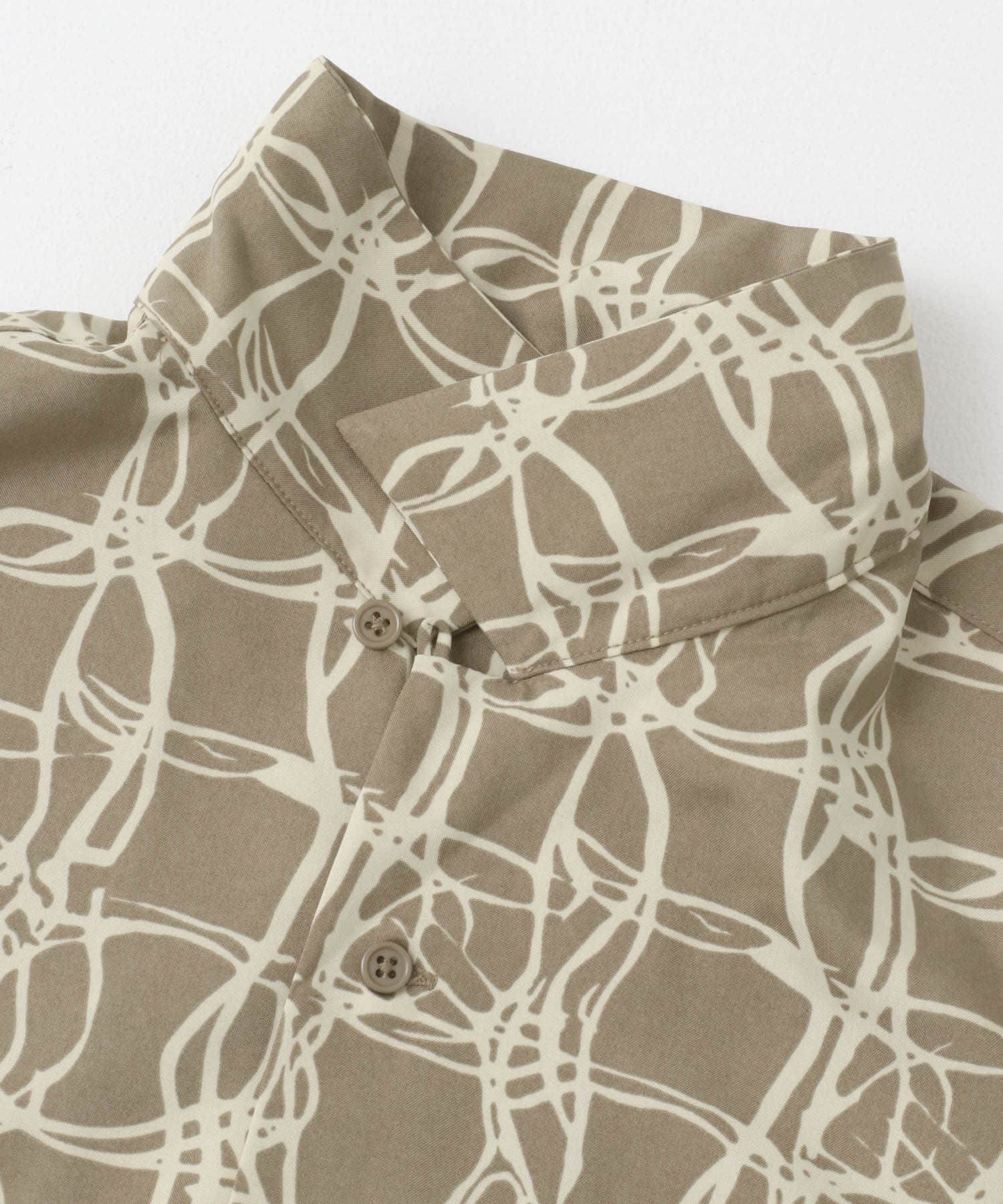 ラインアートプリントオープンカラー半袖シャツ BEG M