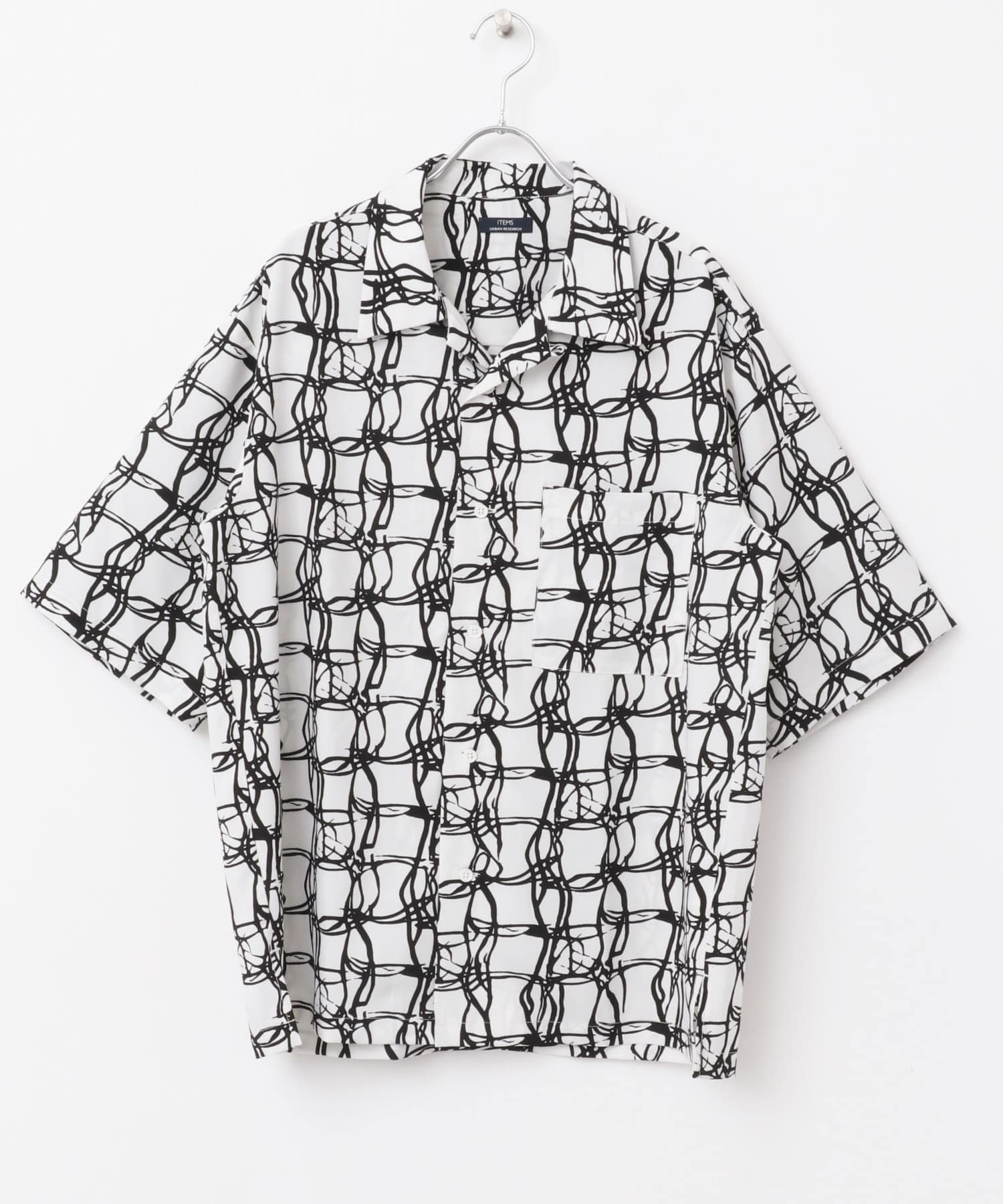 ラインアートプリントオープンカラー半袖シャツ WHT M