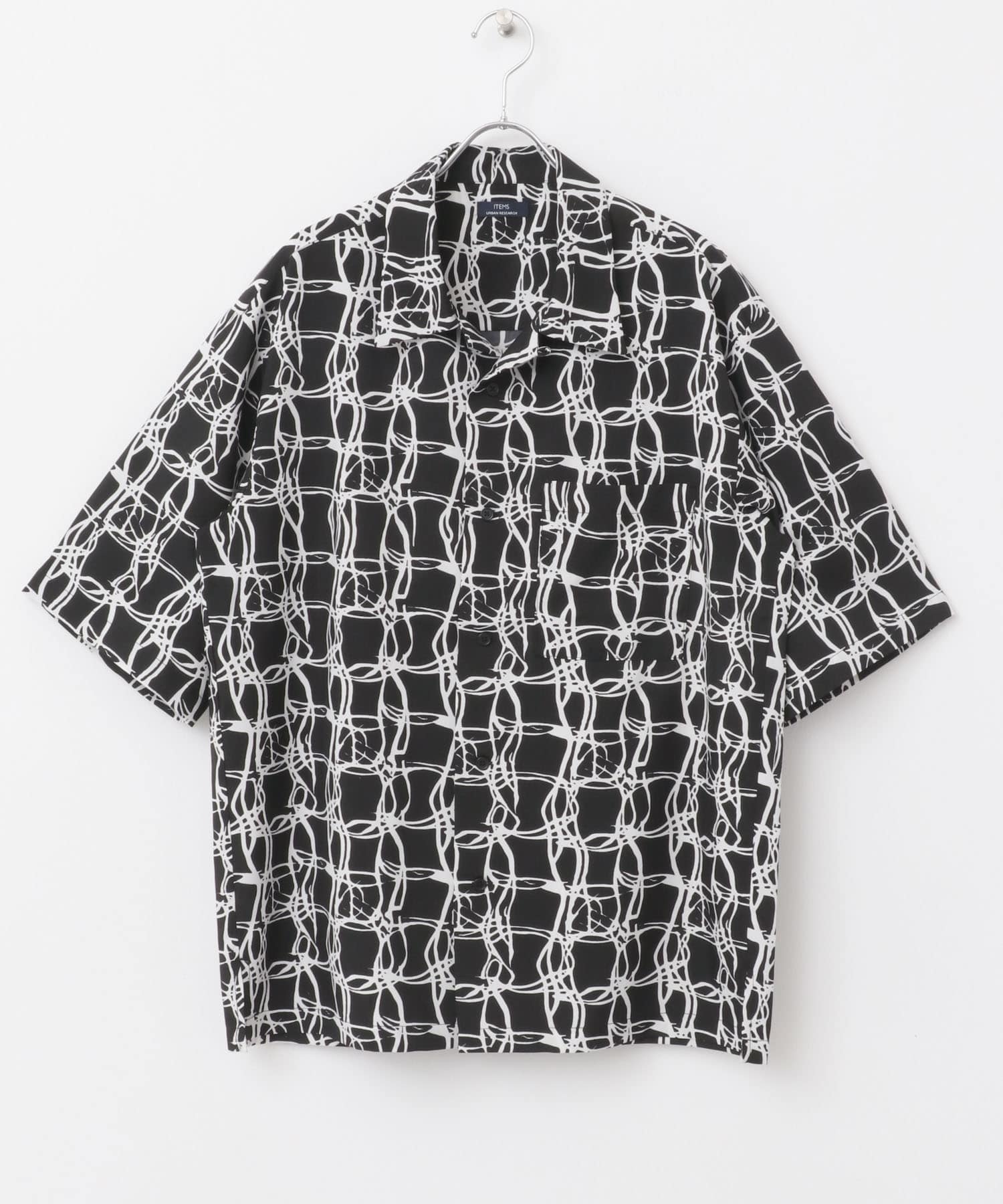 ラインアートプリントオープンカラー半袖シャツ BLK M