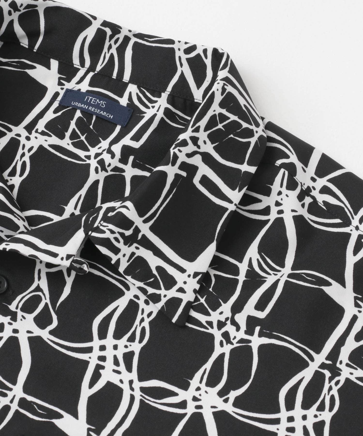 ラインアートプリントオープンカラー半袖シャツ BLK M