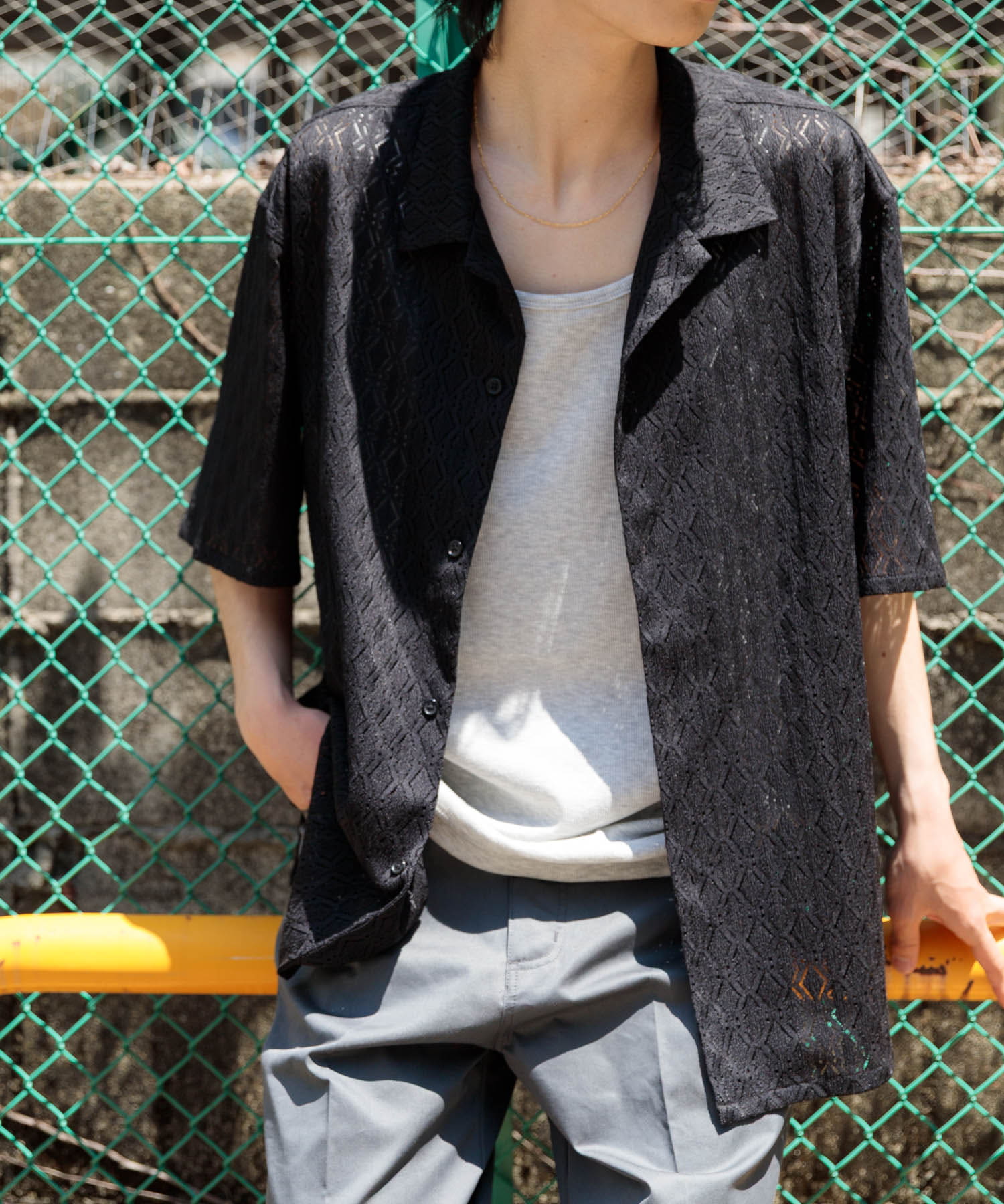 ジオメレースオープンカラー半袖シャツ