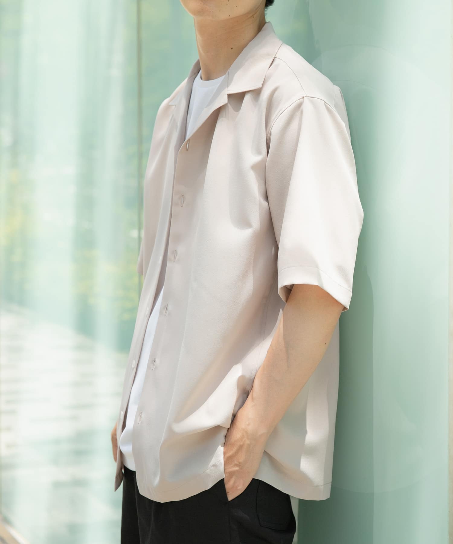 リネンタッチオープンカラーシアーシャツ