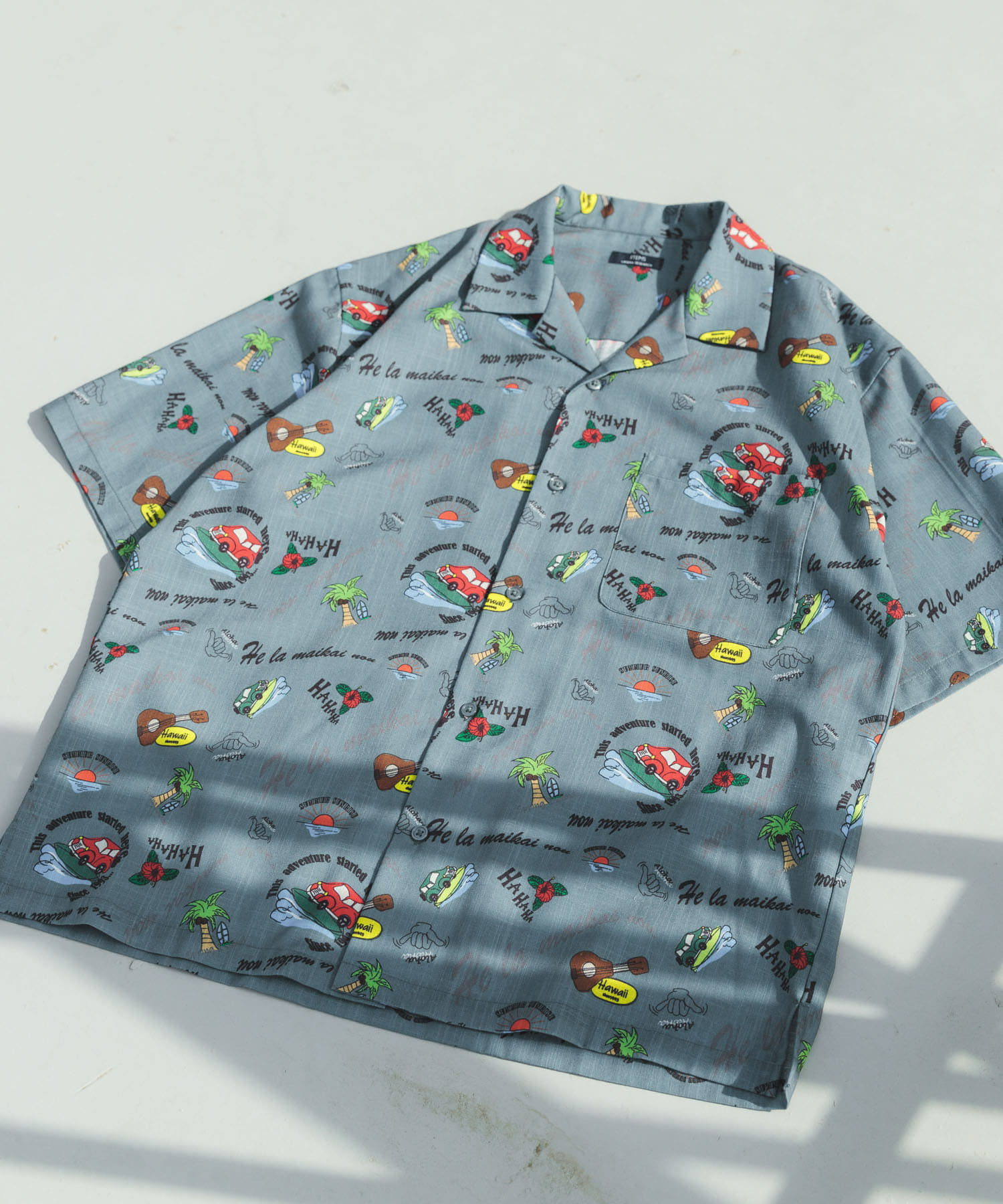 アロハプリントオープンカラー半袖シャツ BLUEGRAY L