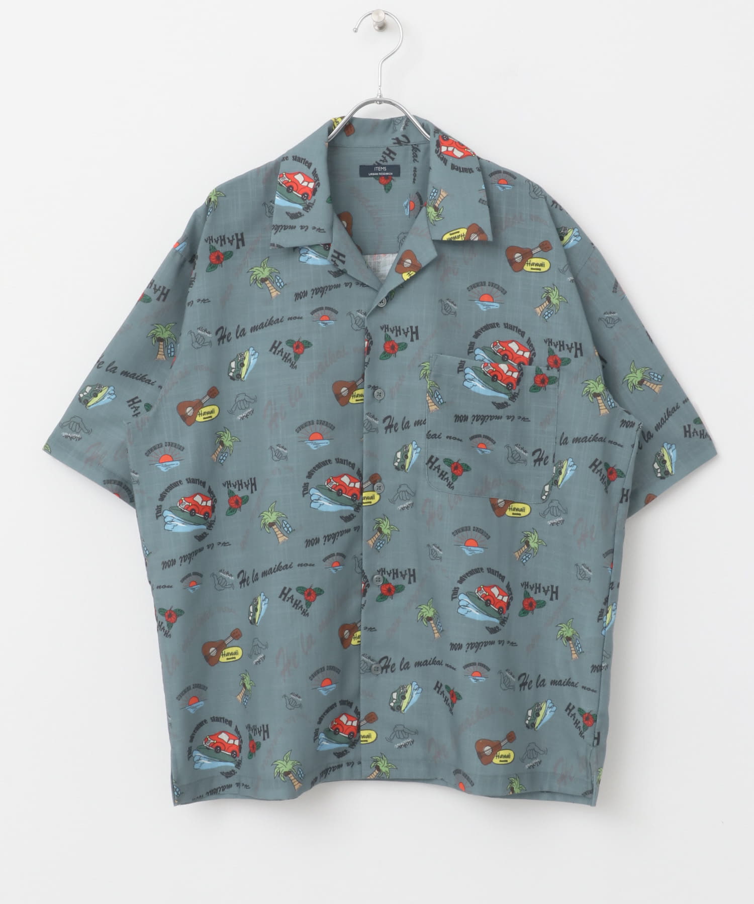 アロハプリントオープンカラー半袖シャツ BLUEGRAY M