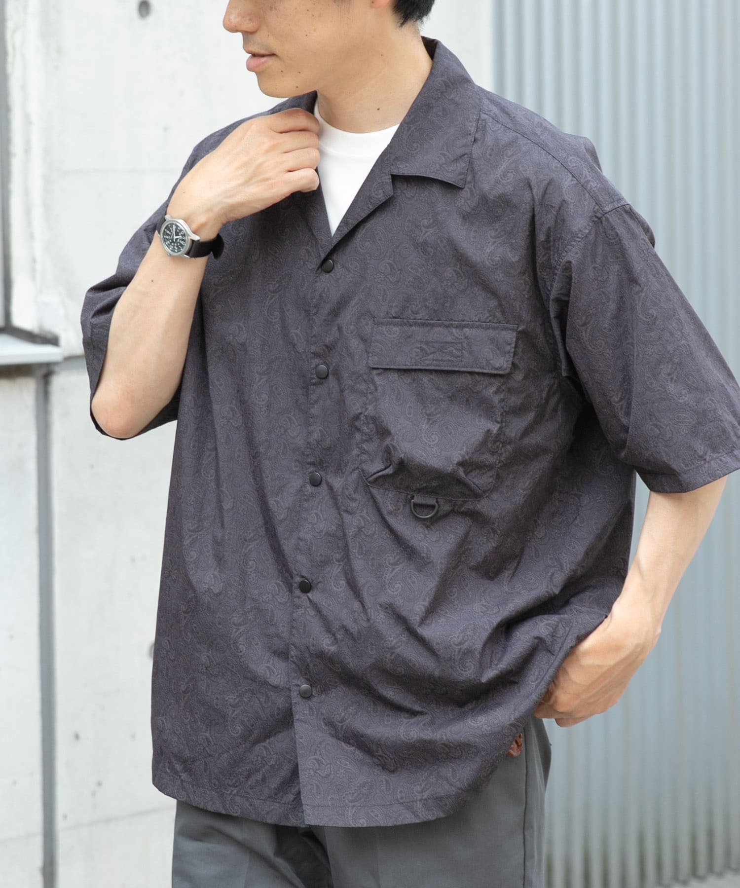 セットアップ対応』Nylon Paisley Short-Sleeve Shirts(M BLK