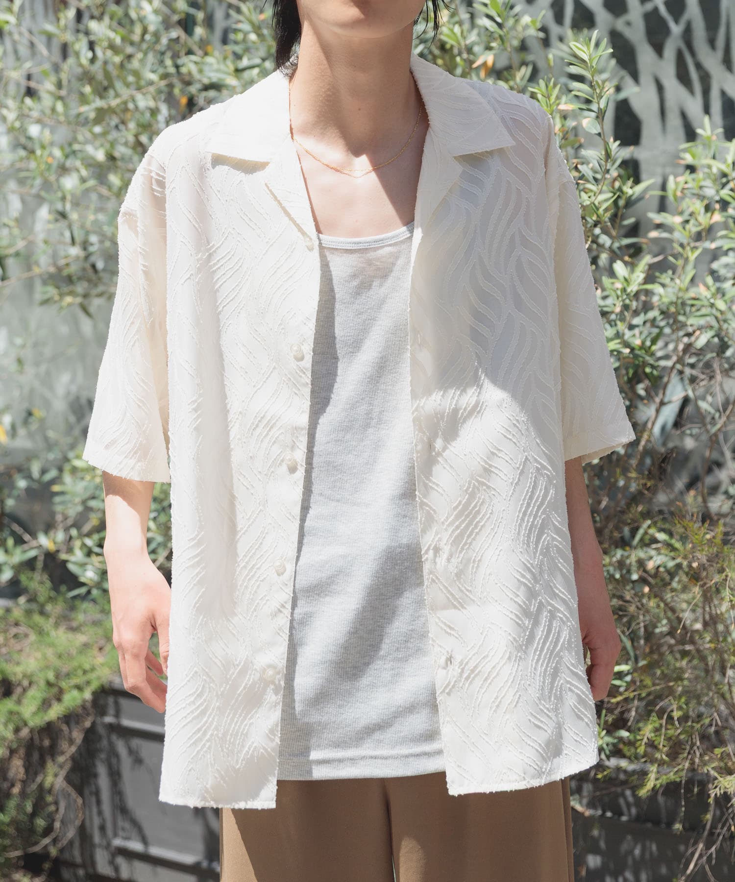 ウェーブカッティングオープンカラーシアーシャツ