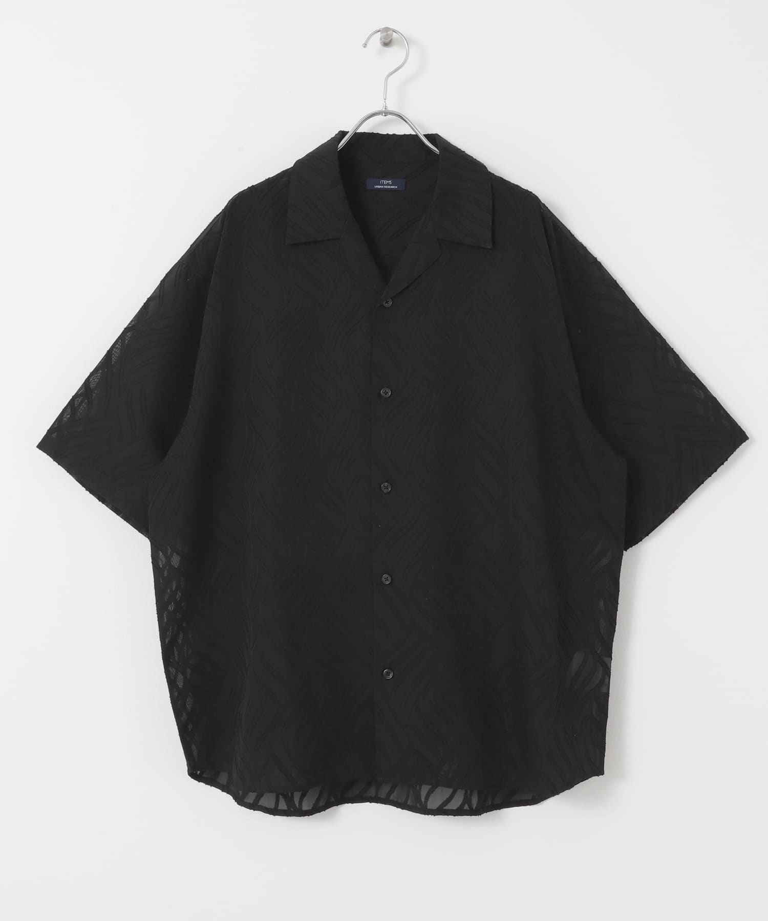 ウェーブカッティングオープンカラーシアーシャツ BLK M