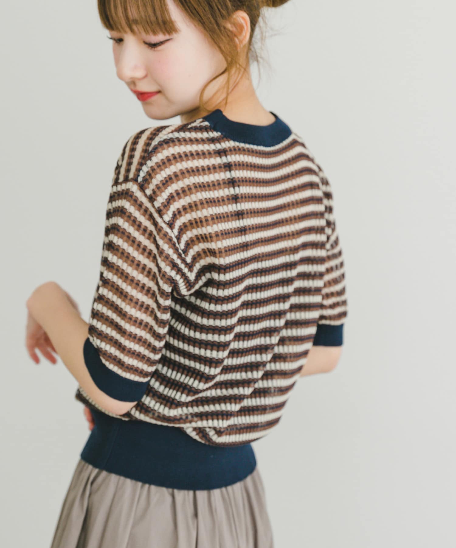 シアーボーダー半袖ニット