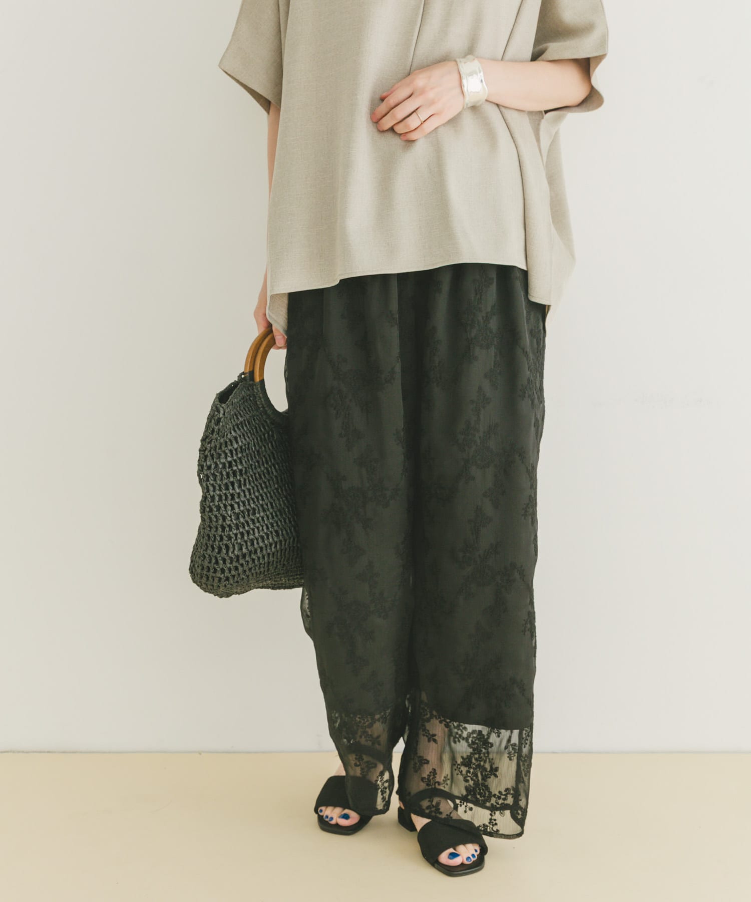 シアー刺繍イージーパンツ BLK FREE