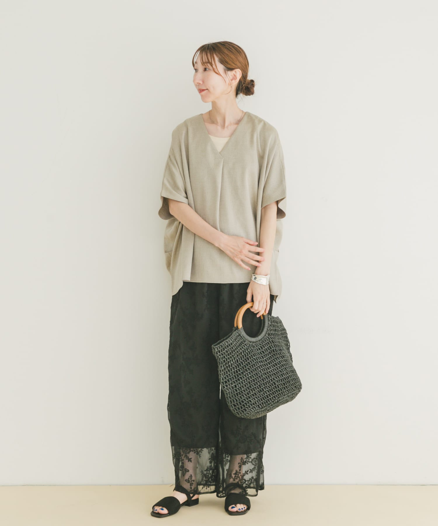 シアー刺繍イージーパンツ BLK FREE