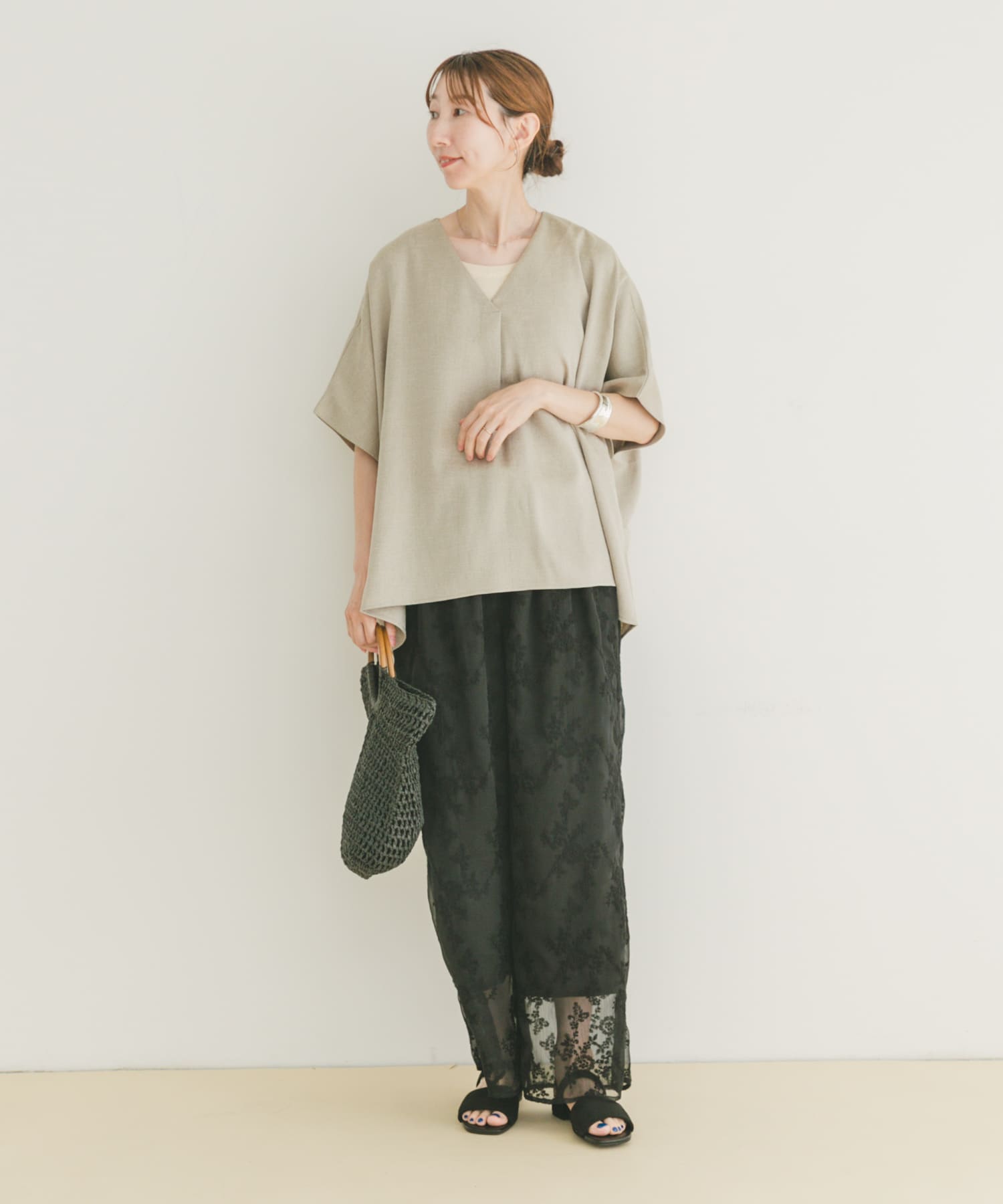 シアー刺繍イージーパンツ BLK FREE