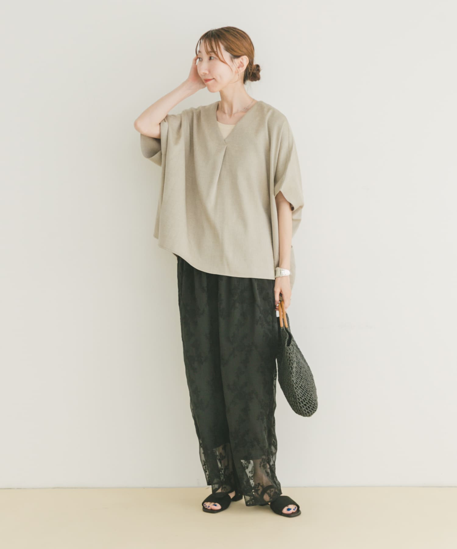 シアー刺繍イージーパンツ BLK FREE