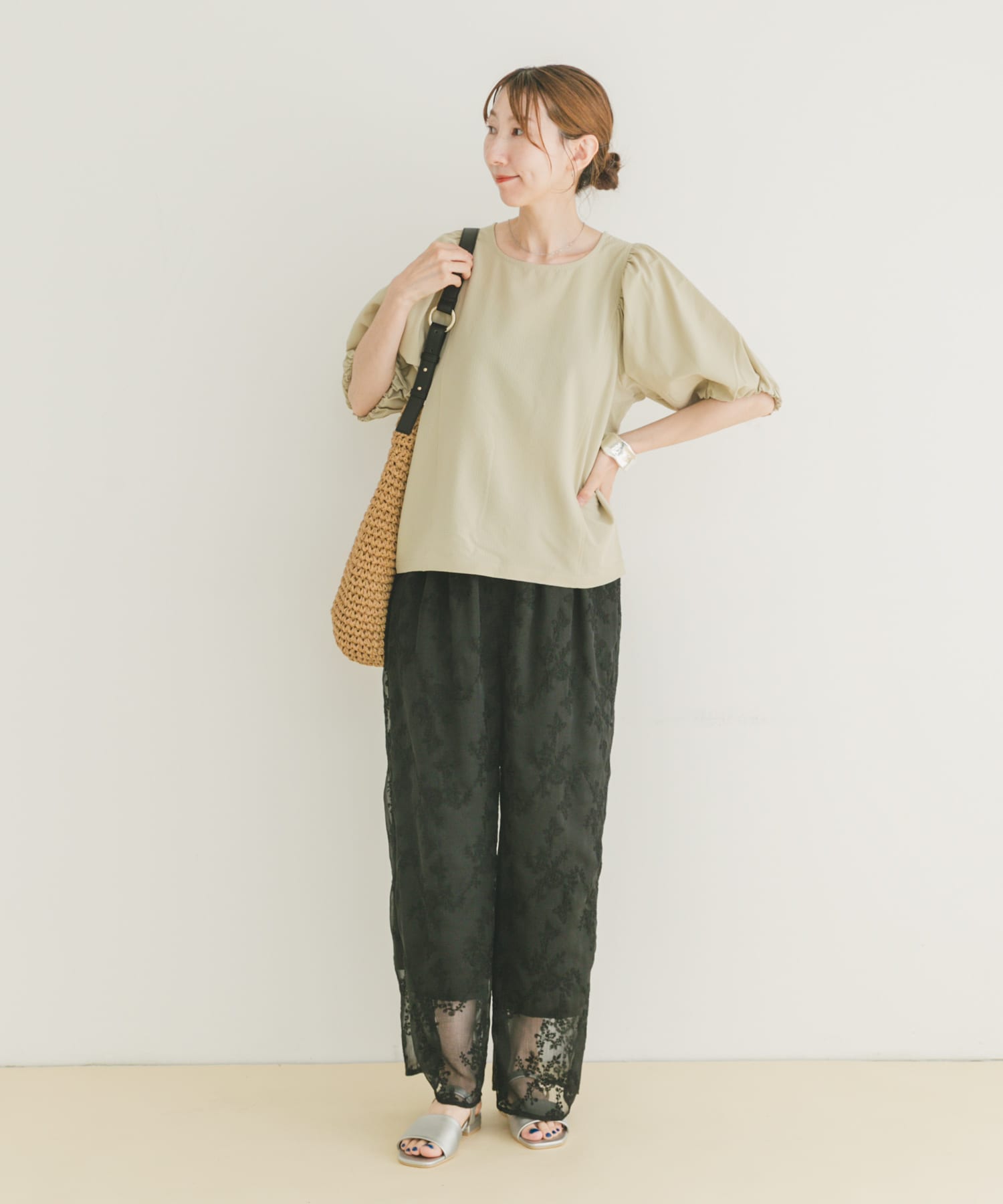 シアー刺繍イージーパンツ BLK FREE