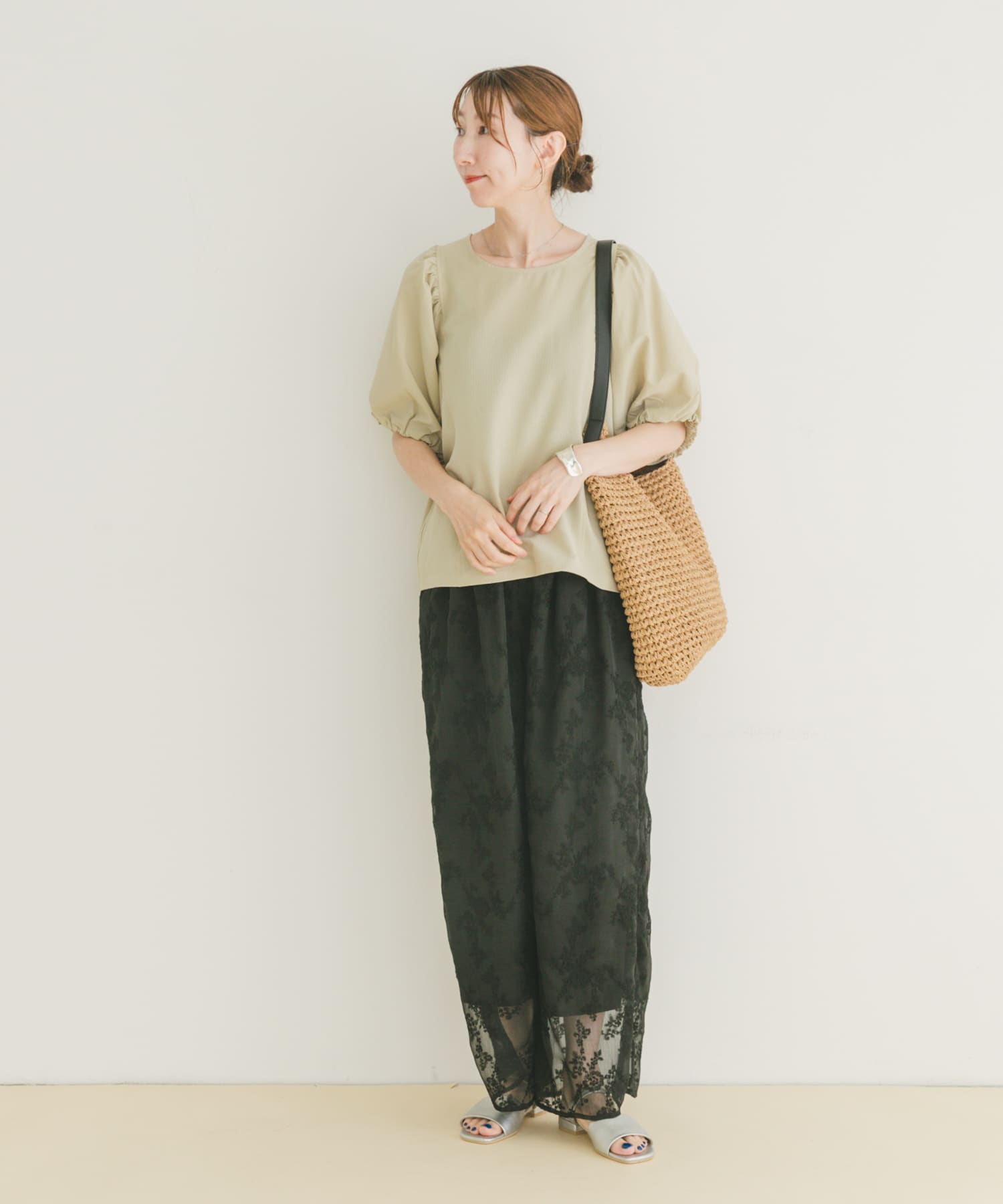 シアー刺繍イージーパンツ BLK FREE