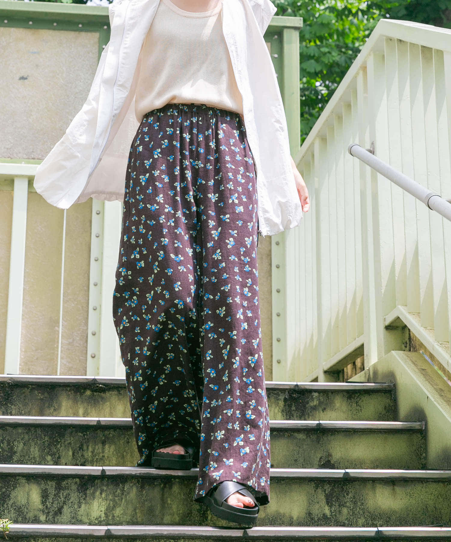 Sサイズあり』『洗濯可』リネンレーヨンワイドパンツ(S 柄BLK): ボトム