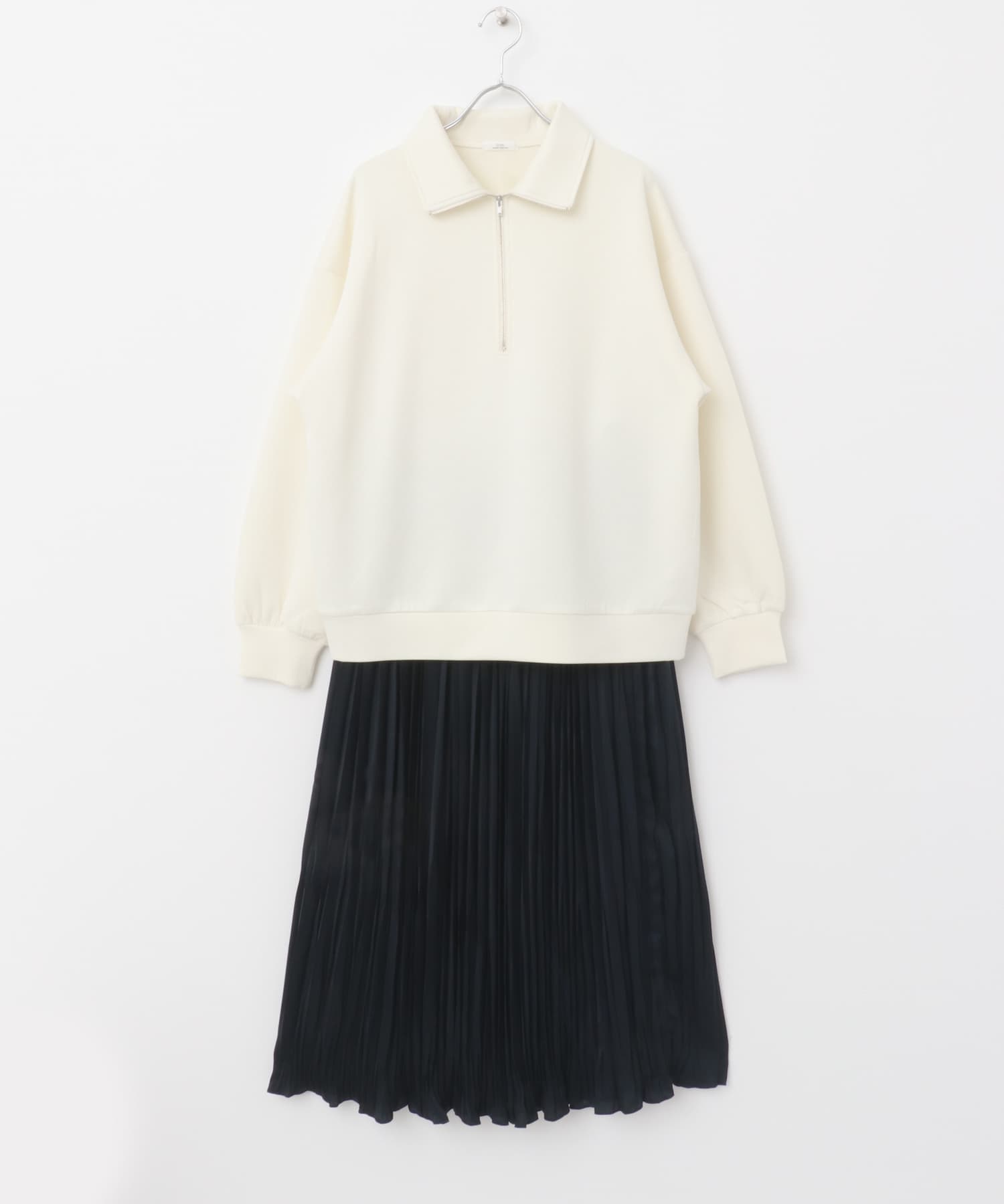 ハーフジップトップス×スカートセット WHT×NVY FREE