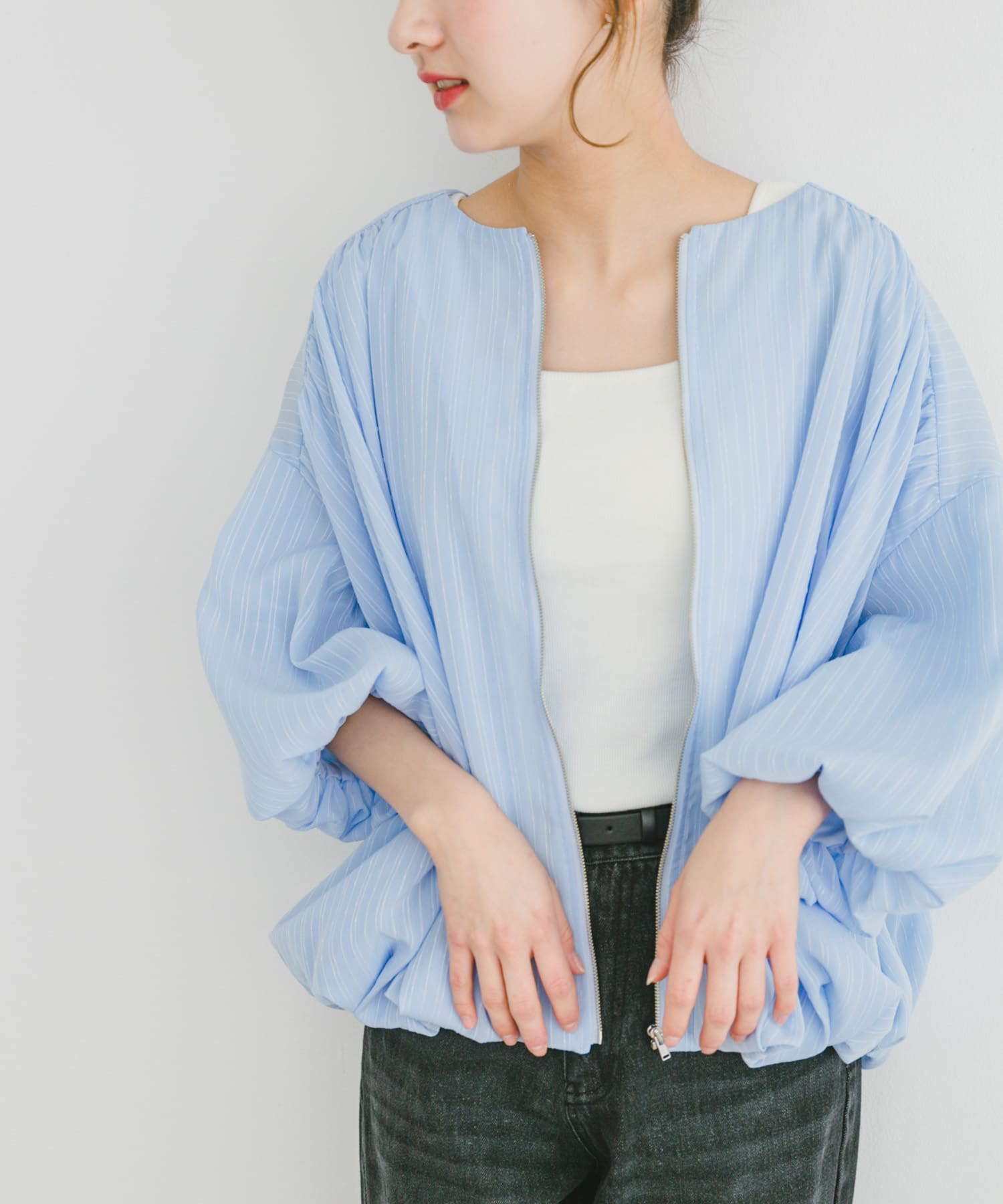 【今季商品・美品】yuni ナイロン バルーンスリーブ ブルゾン(現物写真追加) 春新作 ブルゾン ジャケット レディース 春 秋 ノーカラー