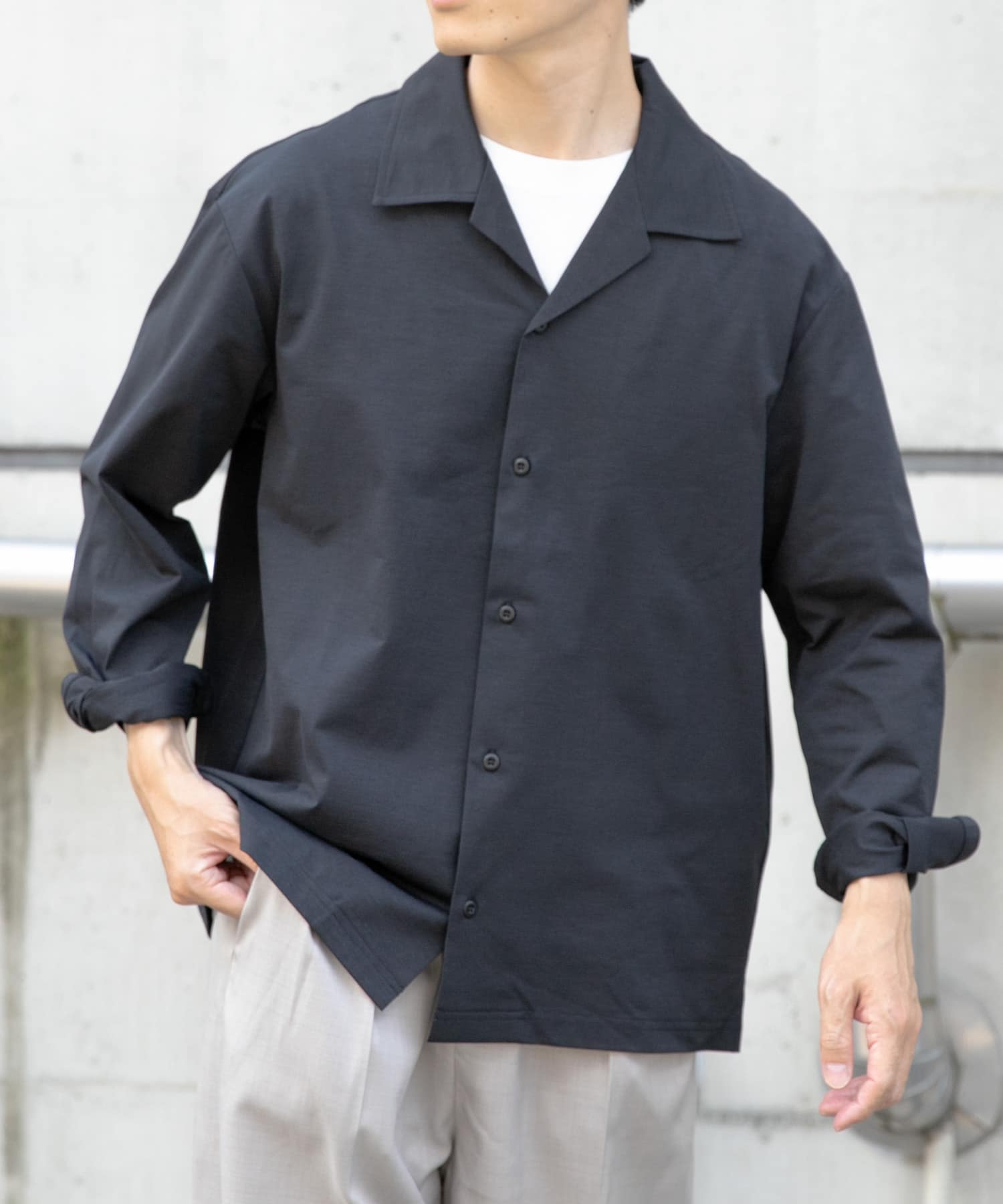 ペーパータッチオープンカラーシャツ BLK M