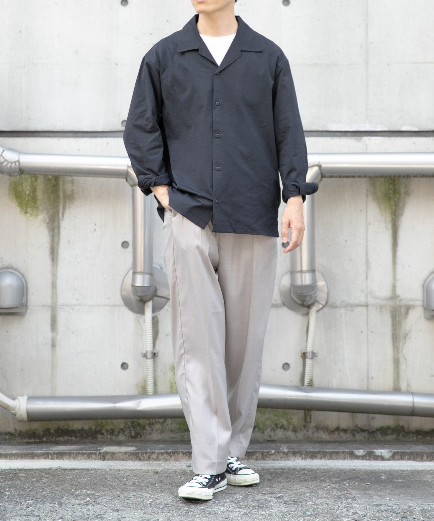 ペーパータッチオープンカラーシャツ BLK M