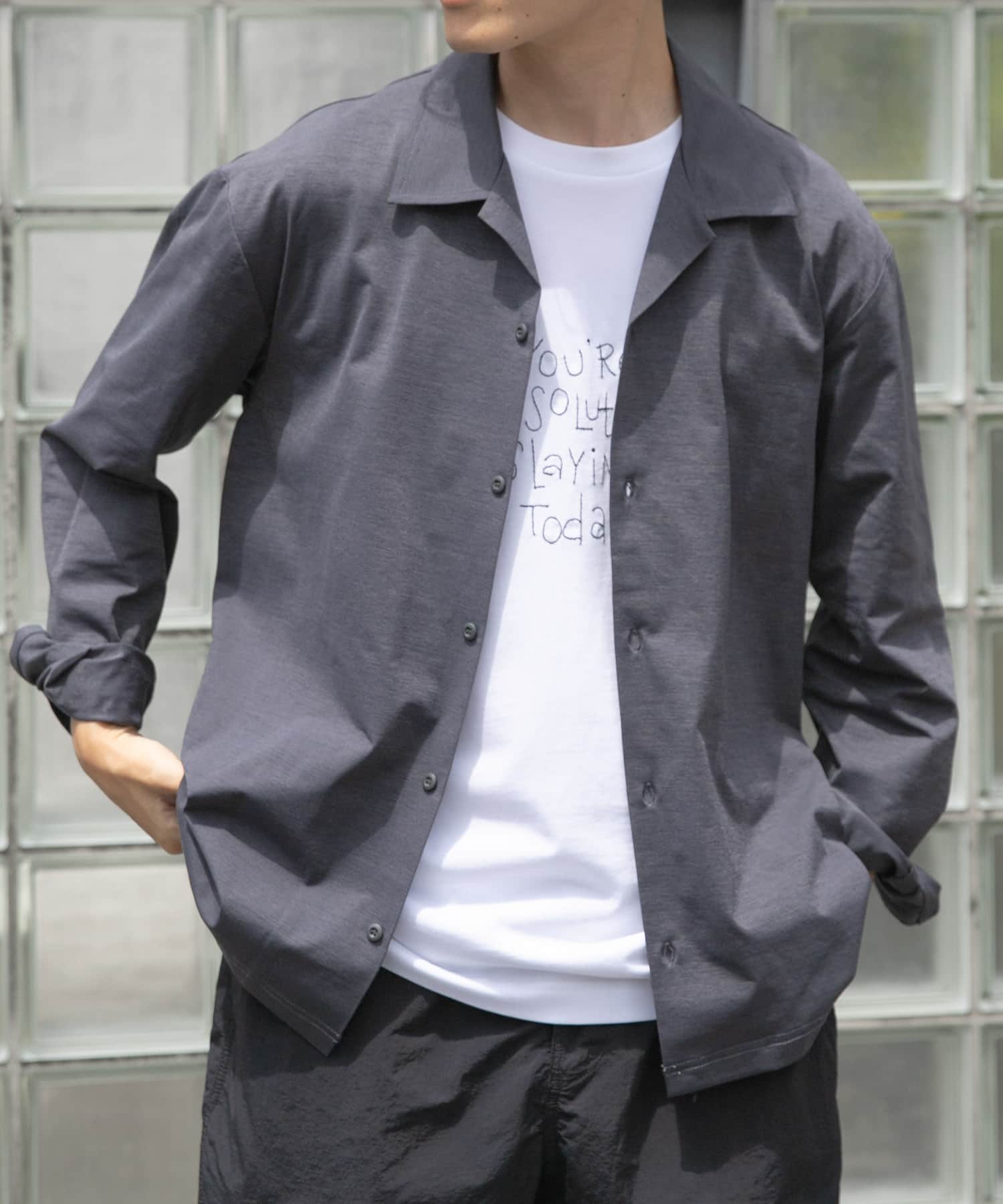 ペーパータッチオープンカラーシャツ GRY M