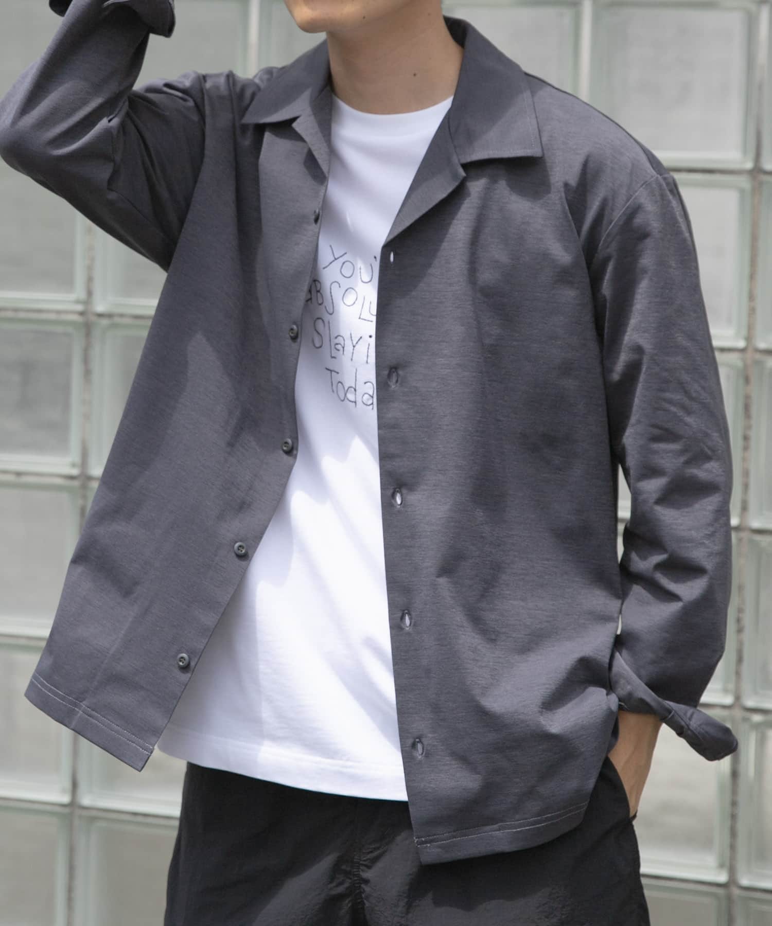 ペーパータッチオープンカラーシャツ GRY M