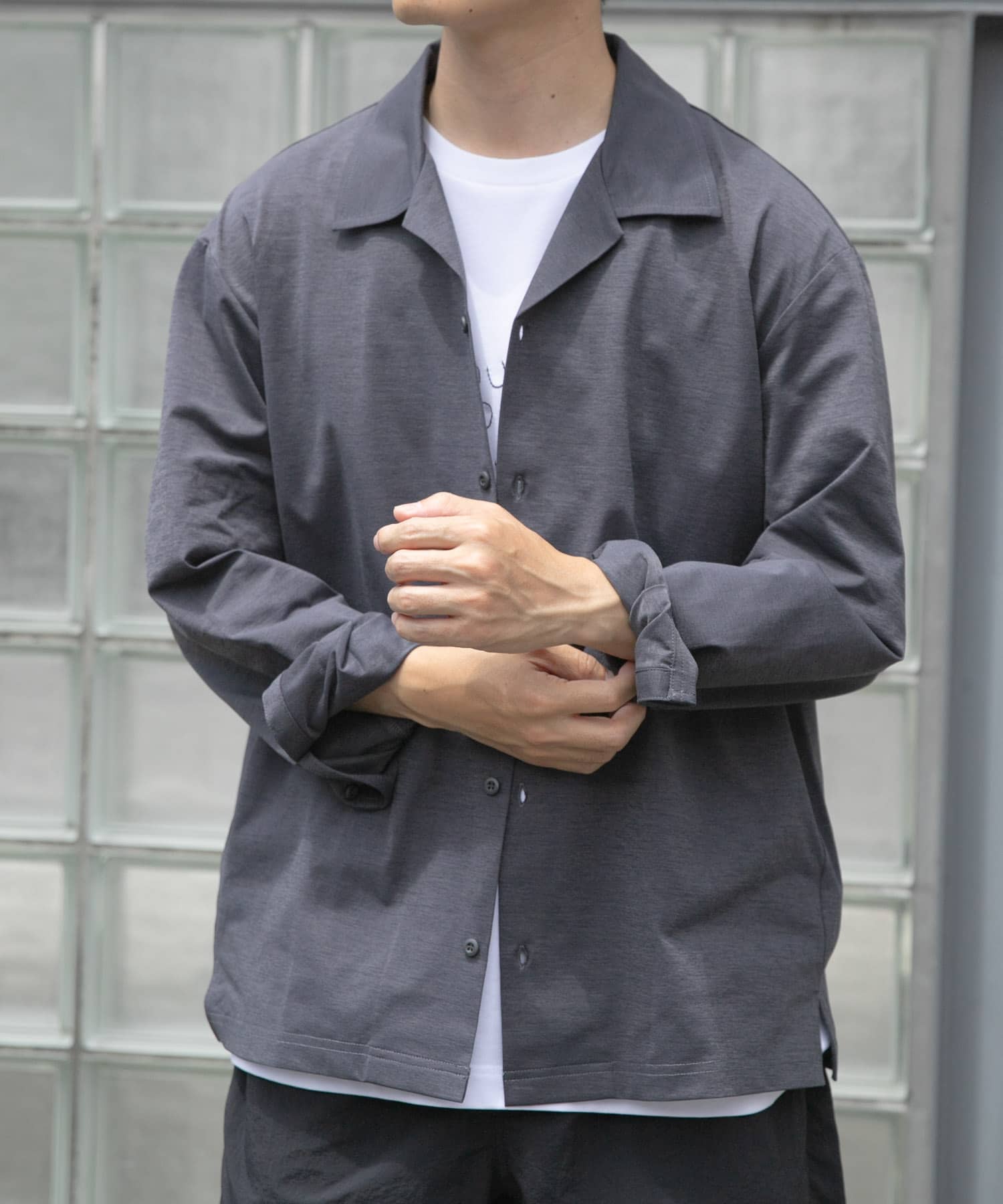 ペーパータッチオープンカラーシャツ GRY M