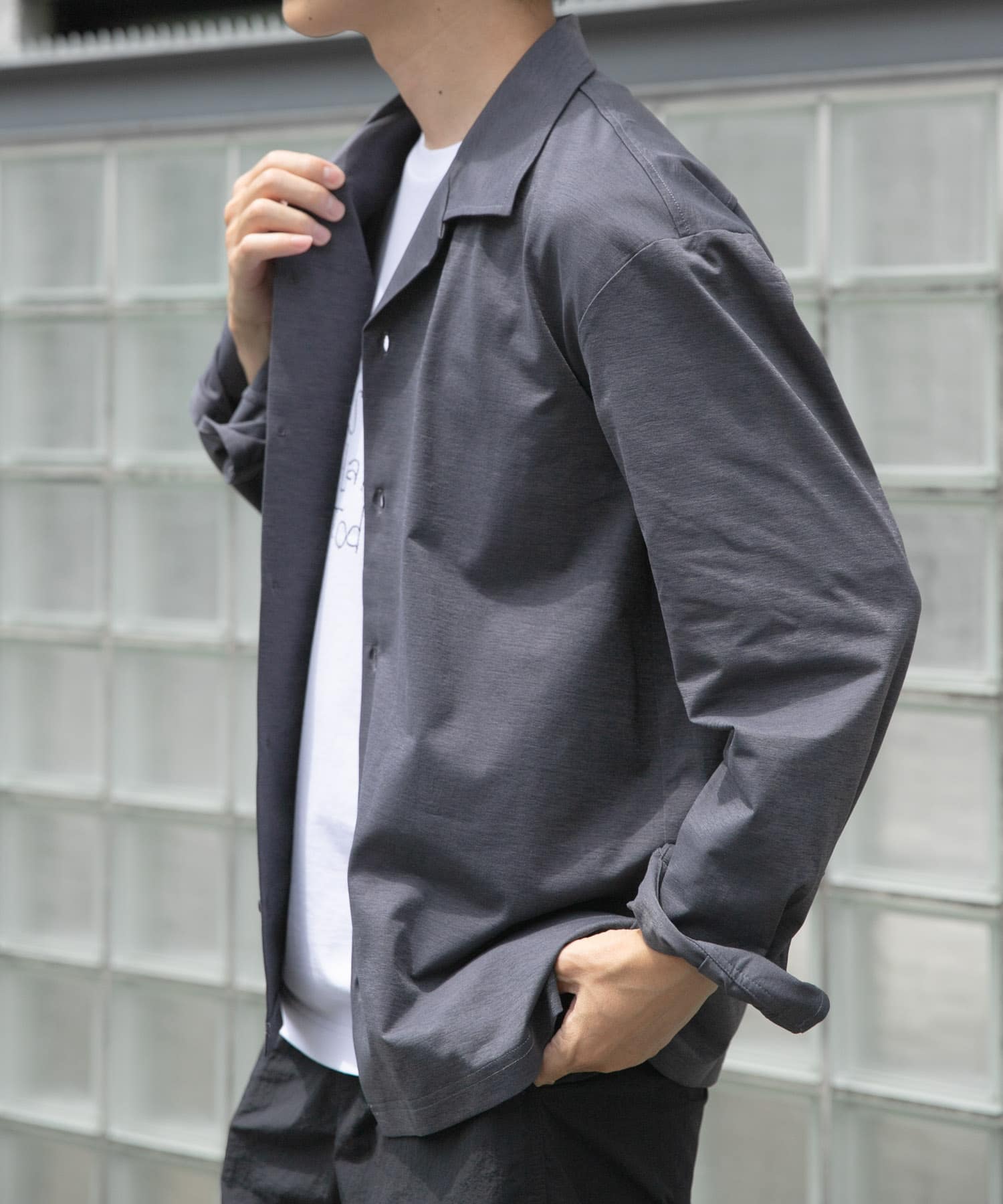 ペーパータッチオープンカラーシャツ GRY M