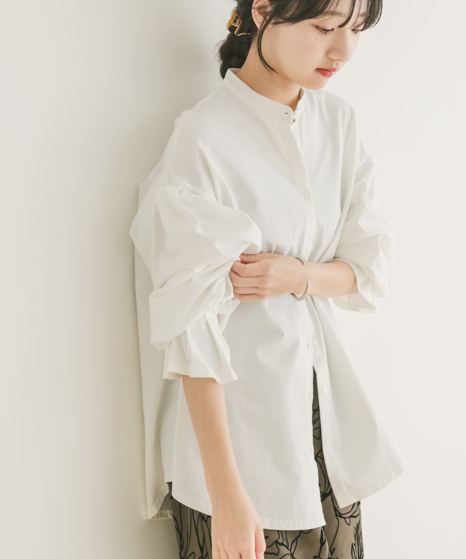 『洗濯可』バンドカラーソデタックカットソー