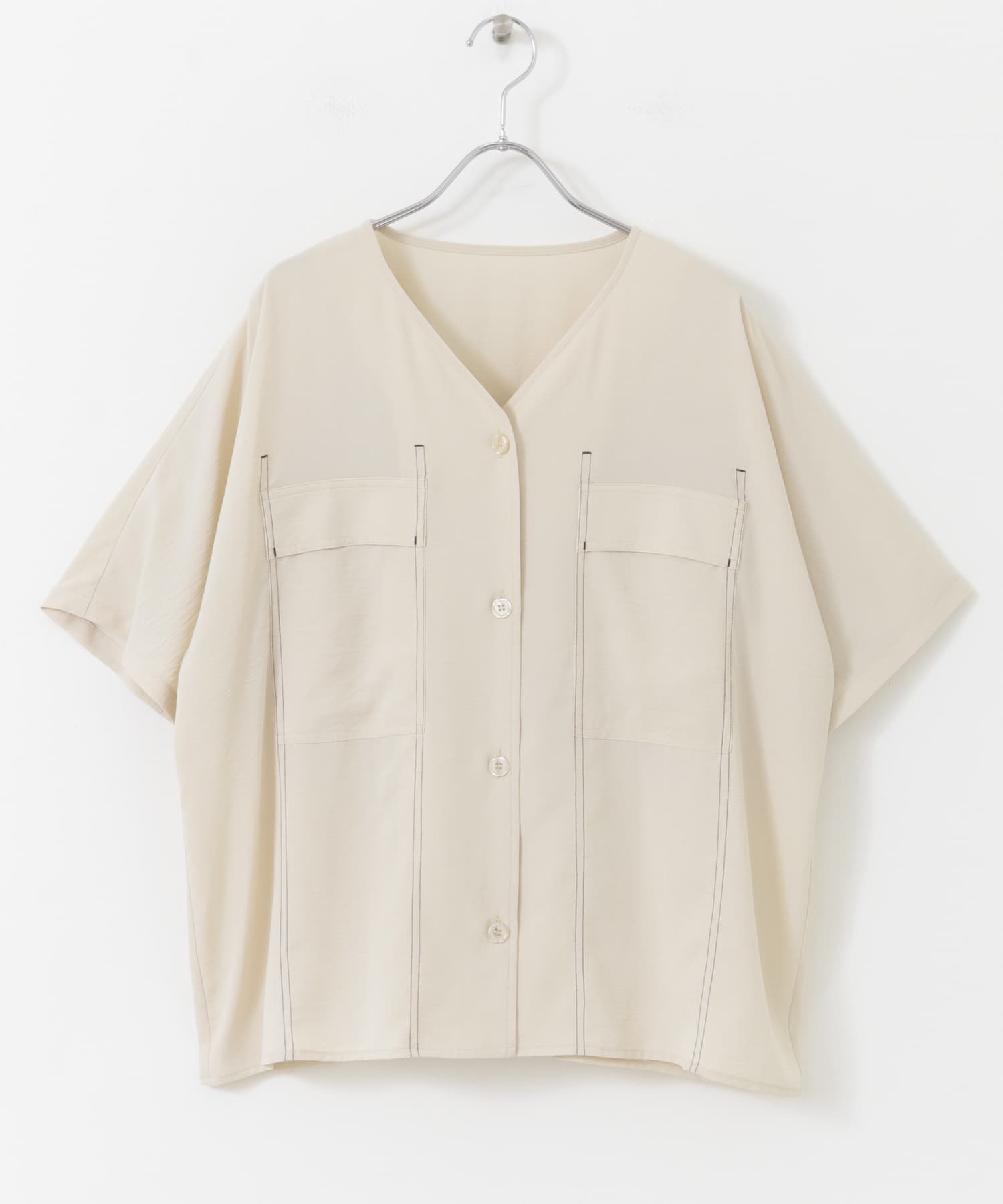 Vネックステッチブラウス WHT FREE
