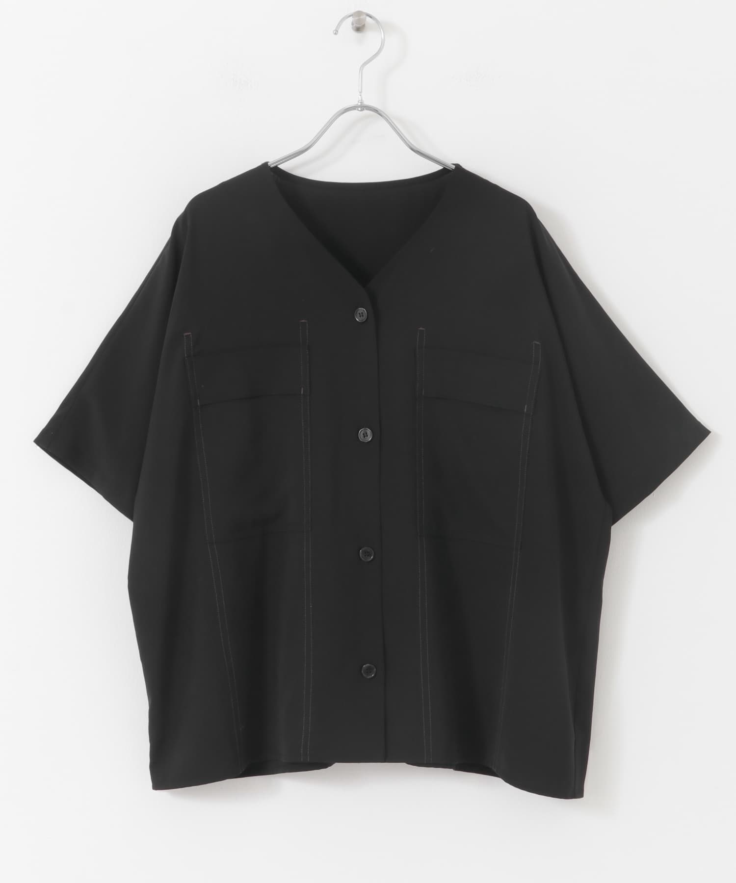 Vネックステッチブラウス BLK FREE
