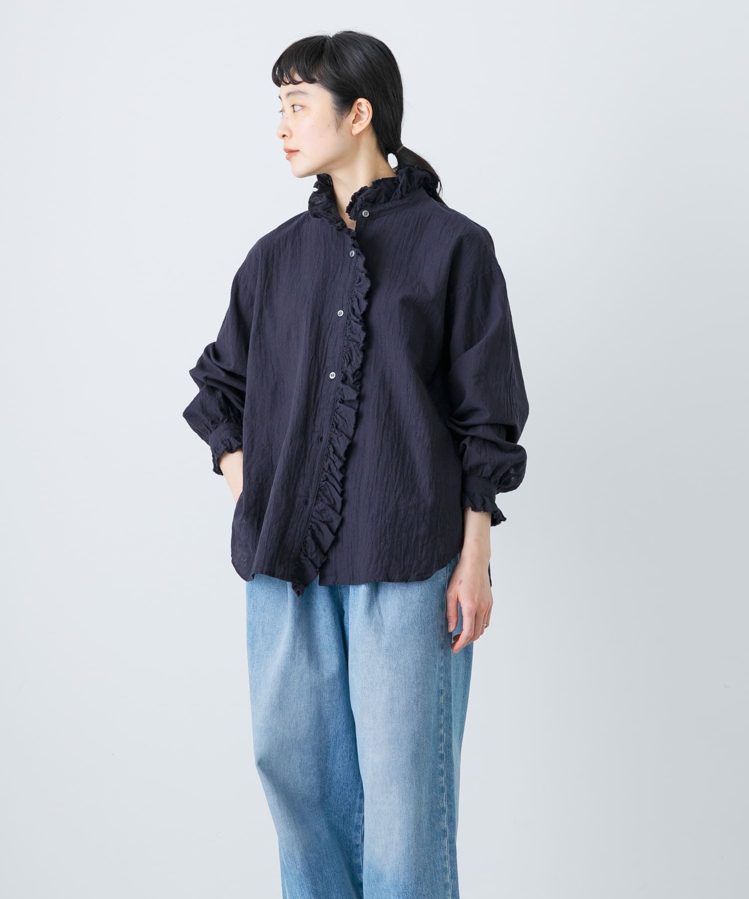 コットンリネンフリルカラーシャツ NAVY FREE