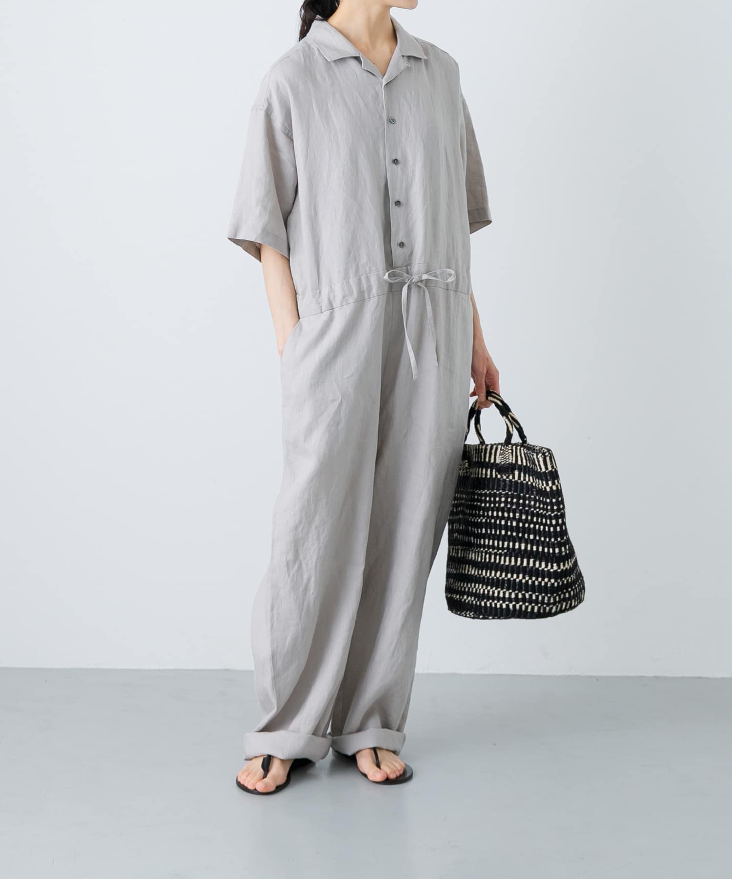 リネンハーフスリーブオールインワン