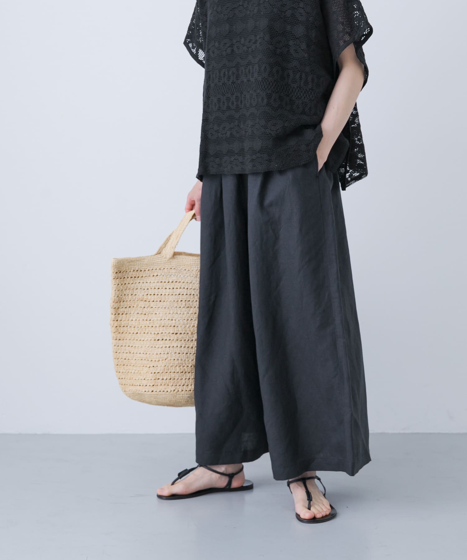 リネンレーヨンワイドギャザーパンツ