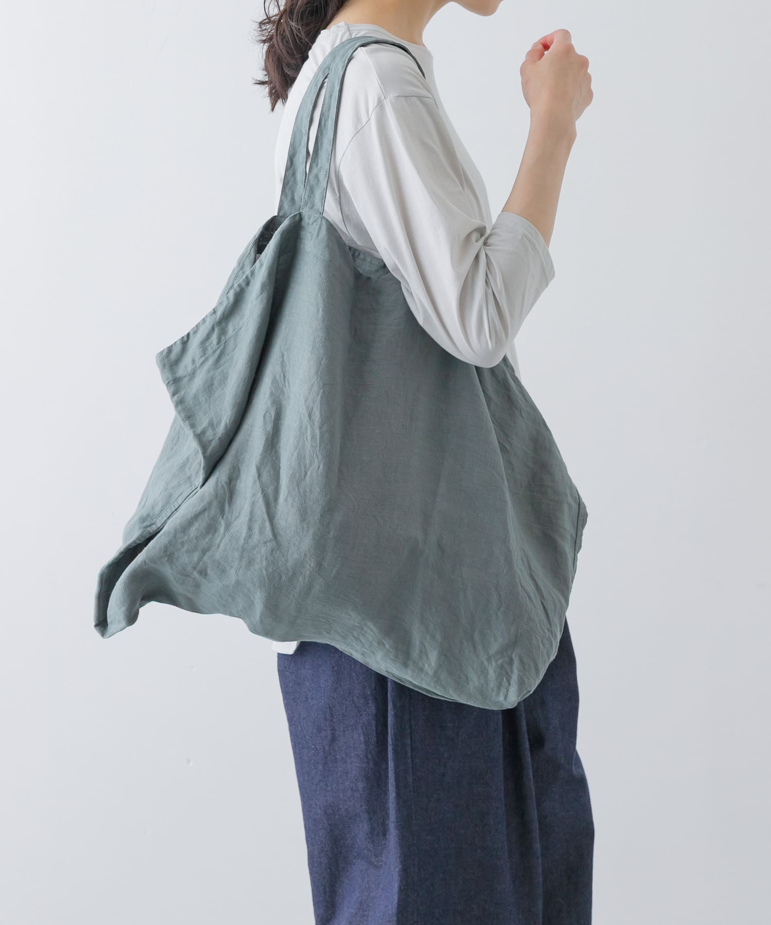 リネンビッグトートバッグ BLUE GREEN FREE