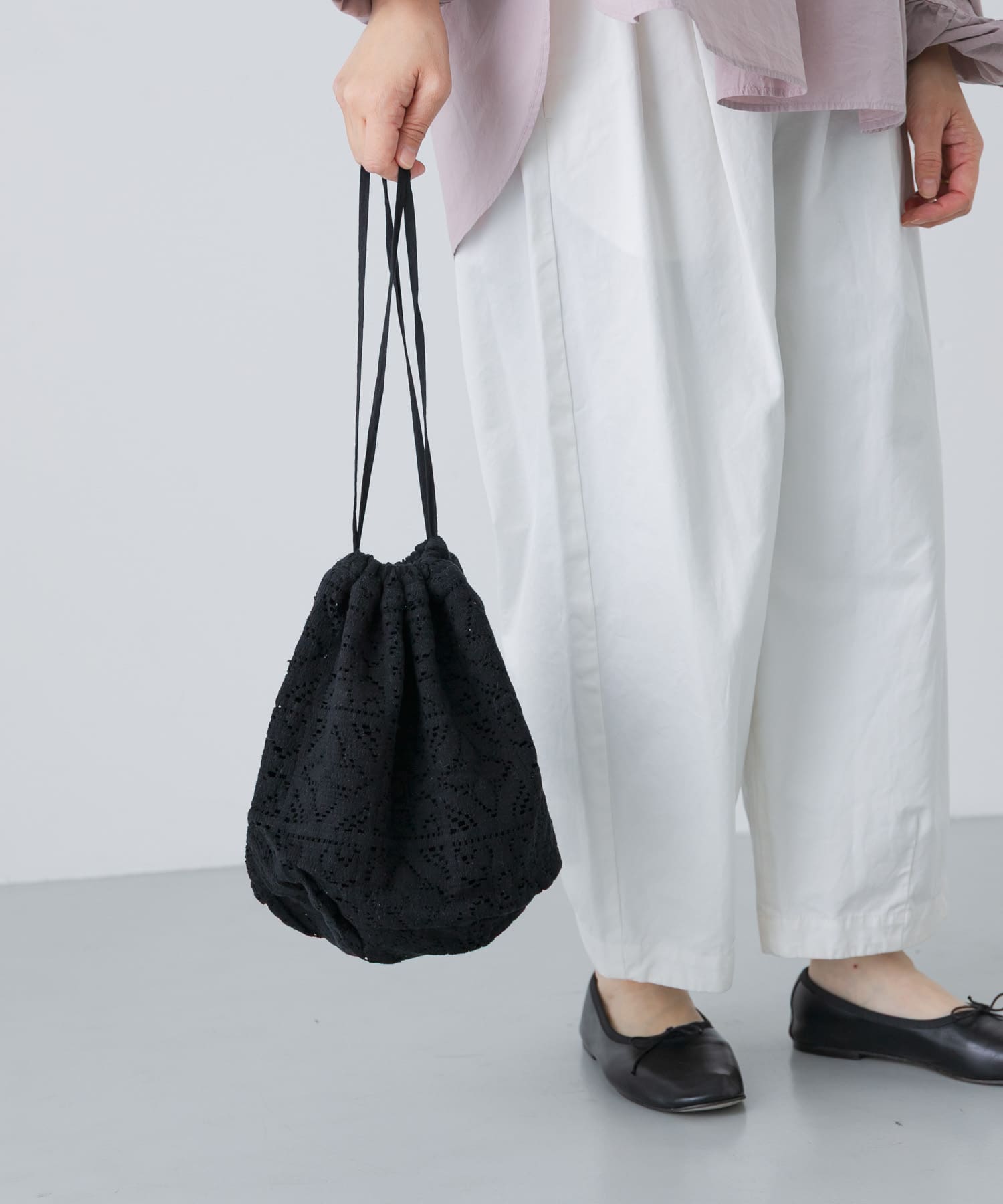 コットンレース巾着バッグ BLACK FREE