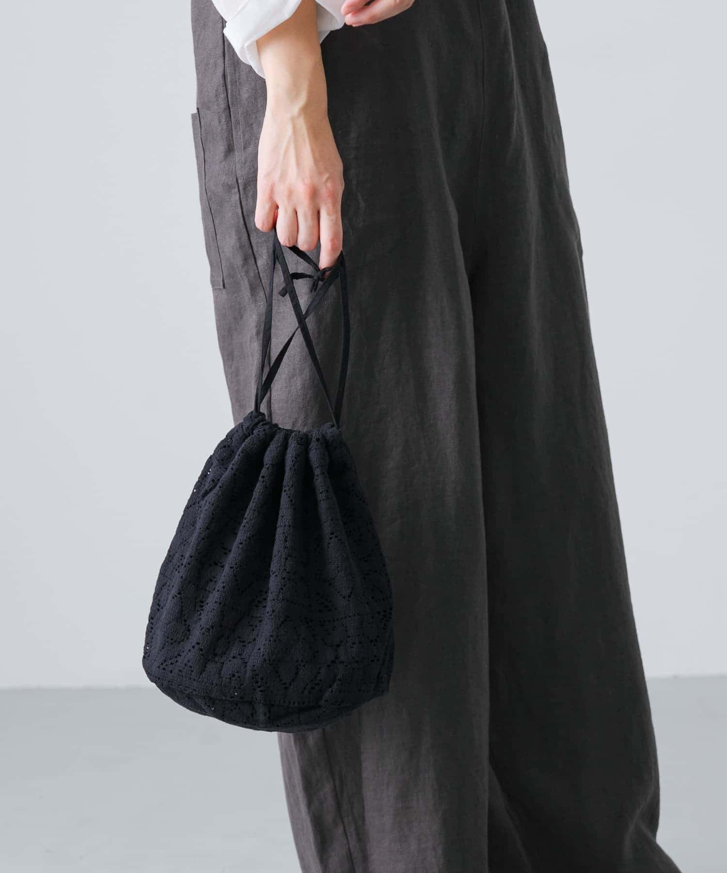 コットンレース巾着バッグ BLACK FREE