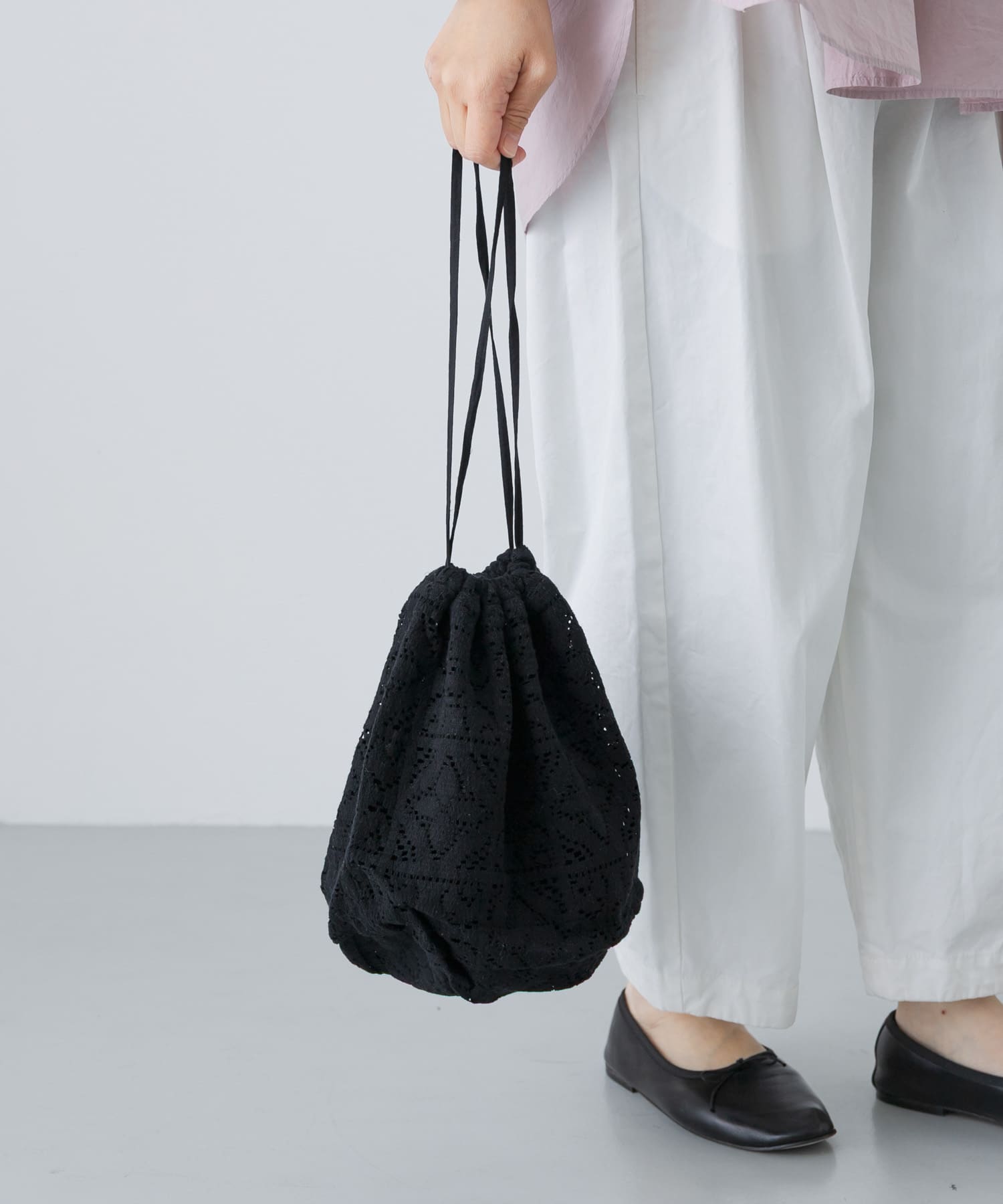 コットンレース巾着バッグ BLACK FREE