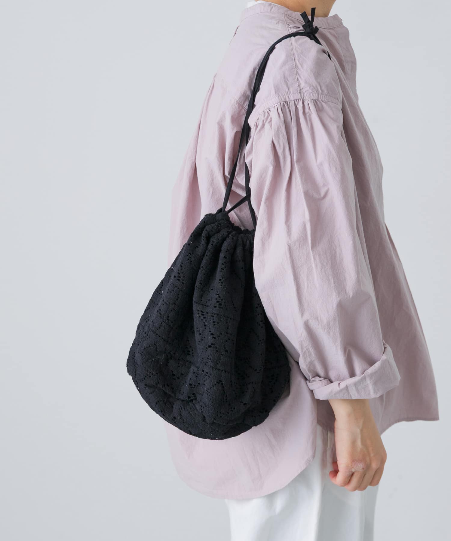 コットンレース巾着バッグ BLACK FREE