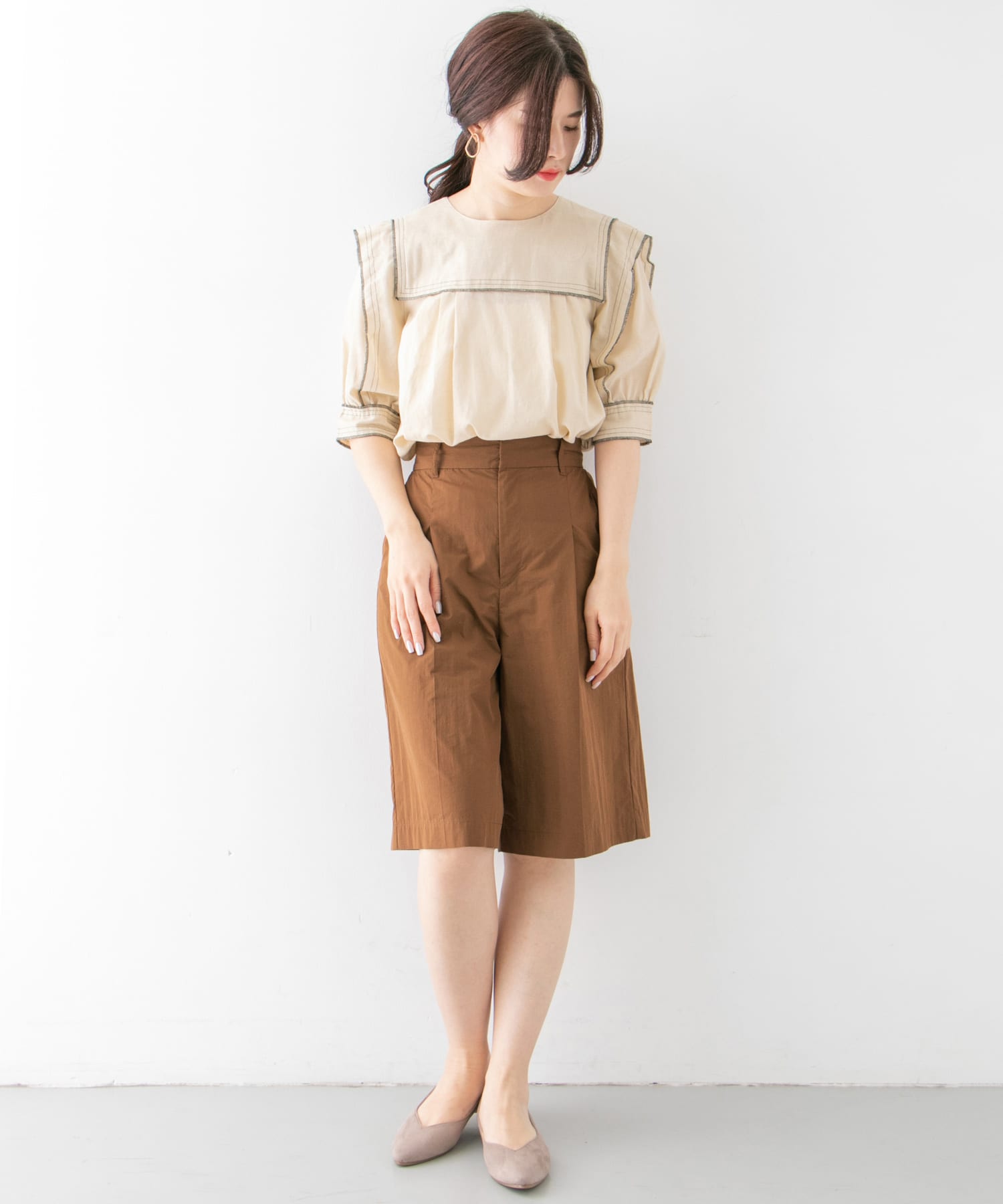 フロントタックハーフパンツ∴ BROWN one