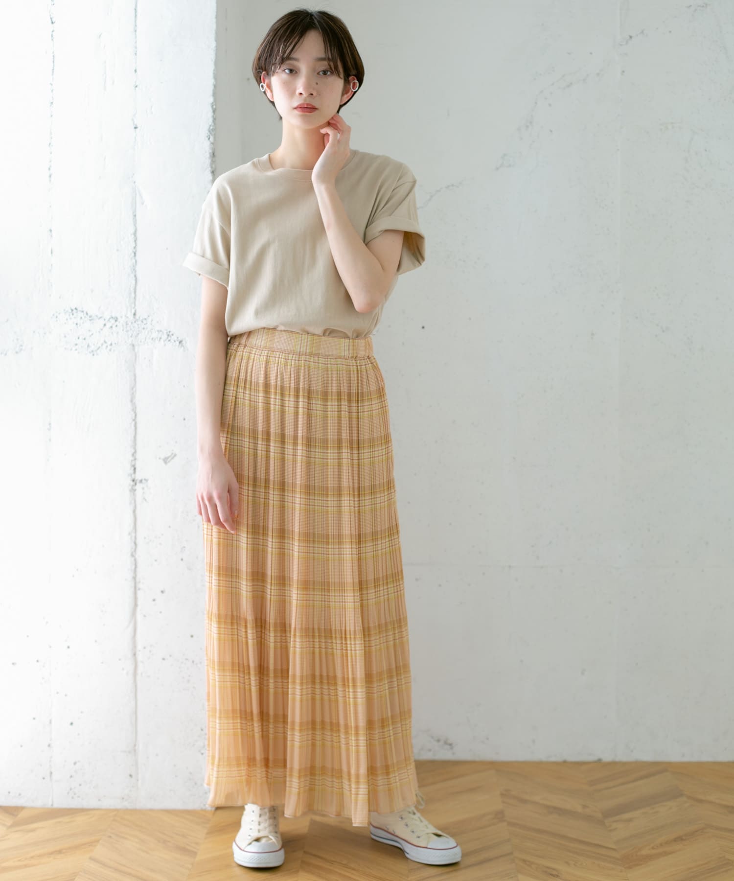チェック消しプリーツスカート∴ YELLOW one