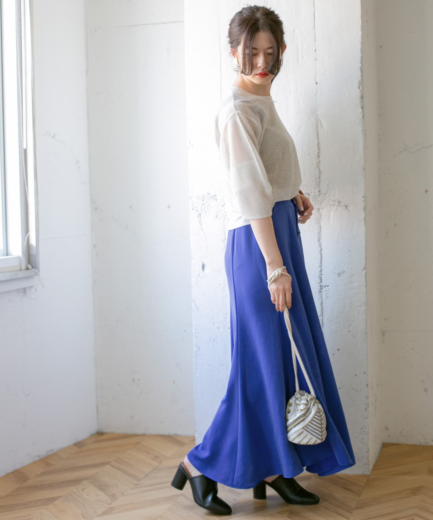 フロントボタンフレアースカート∴ BLUE one