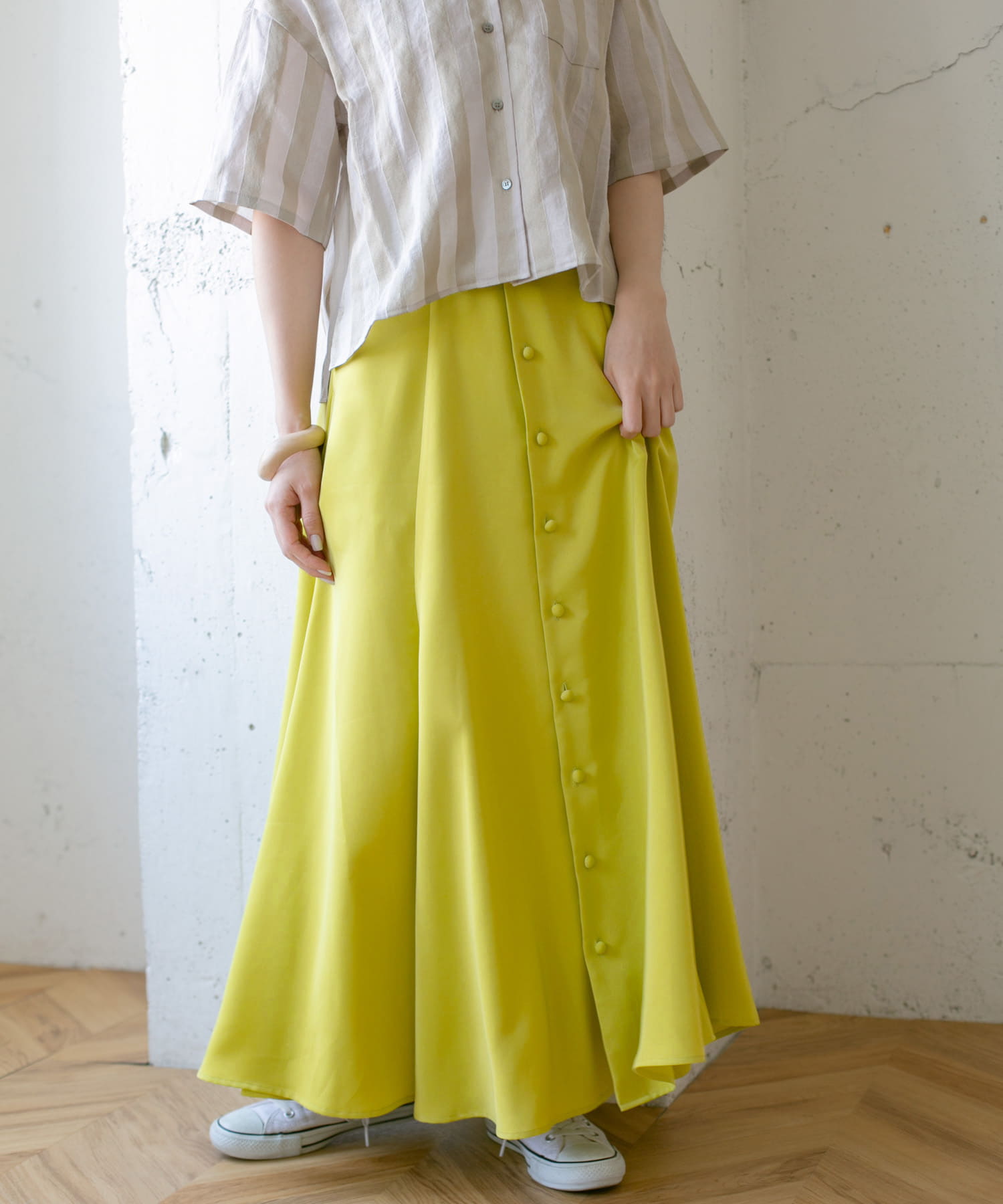 フロントボタンフレアースカート∴ YELLOW one