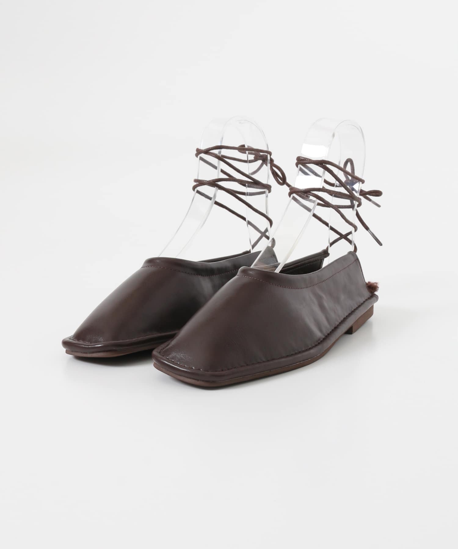 スクエアステッチレースアップパンプス∴ BROWN 36