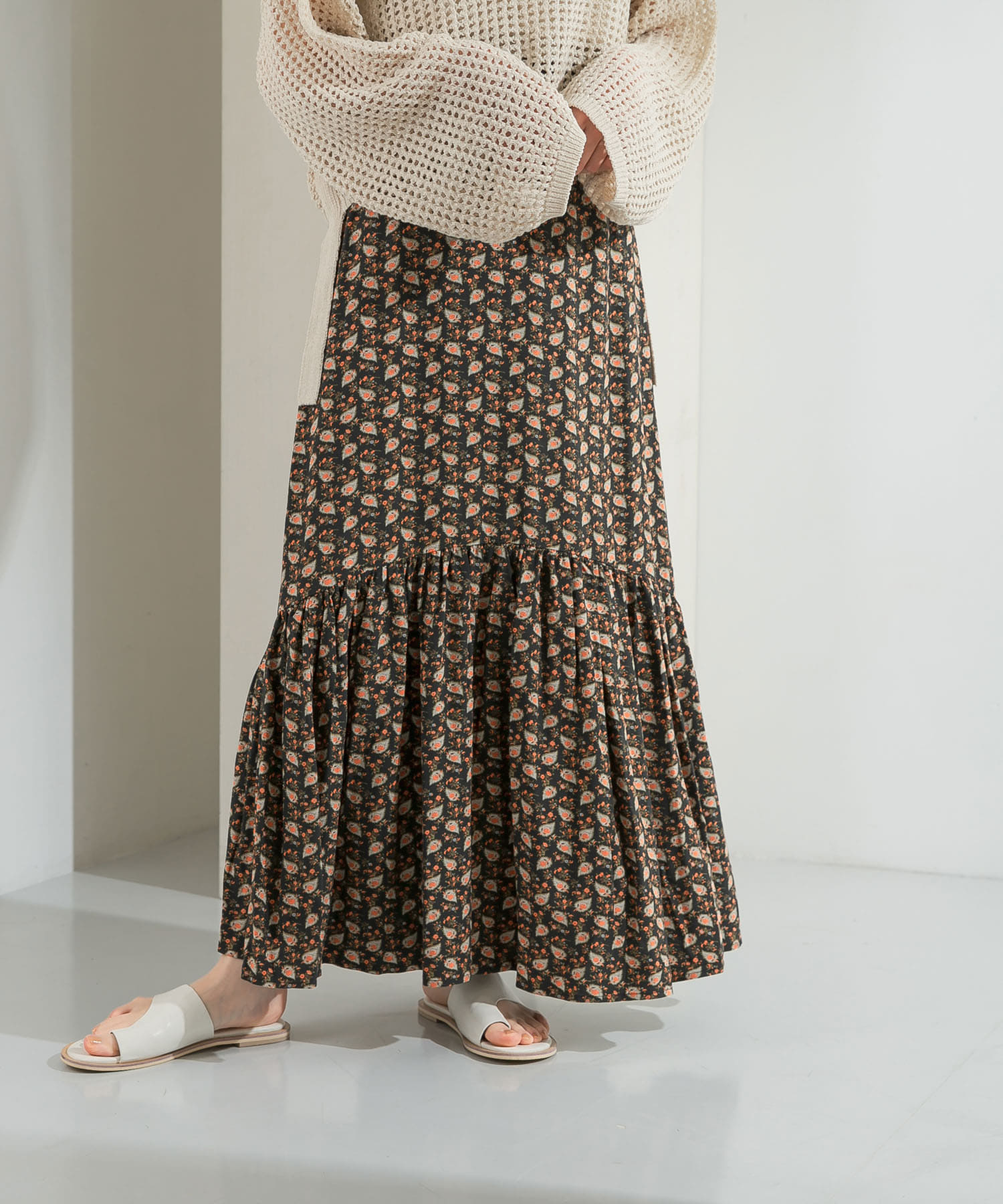 プリントロングティアードスカート CHARCOAL one