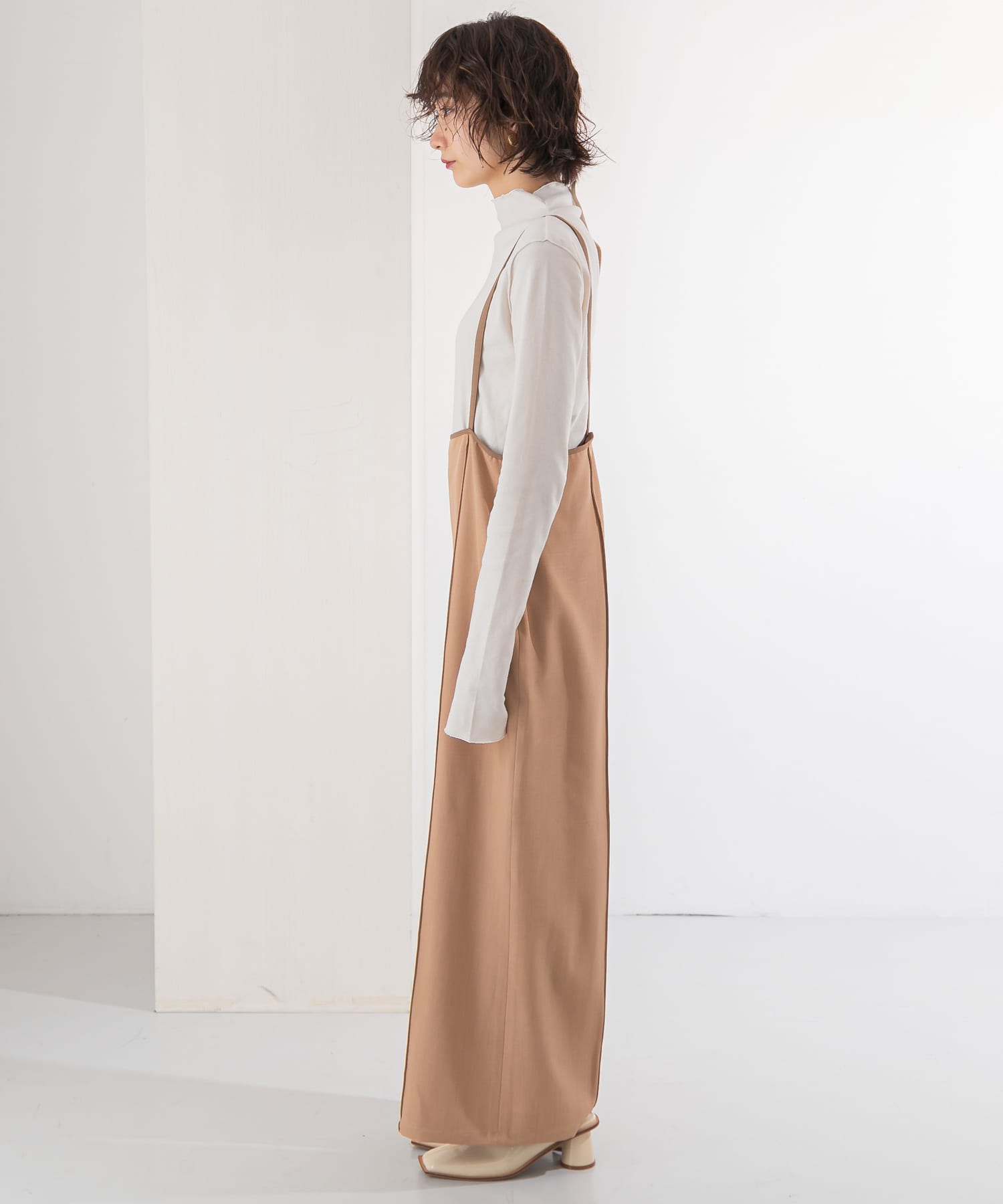 ピンタックハイウエストサロペット BROWN one