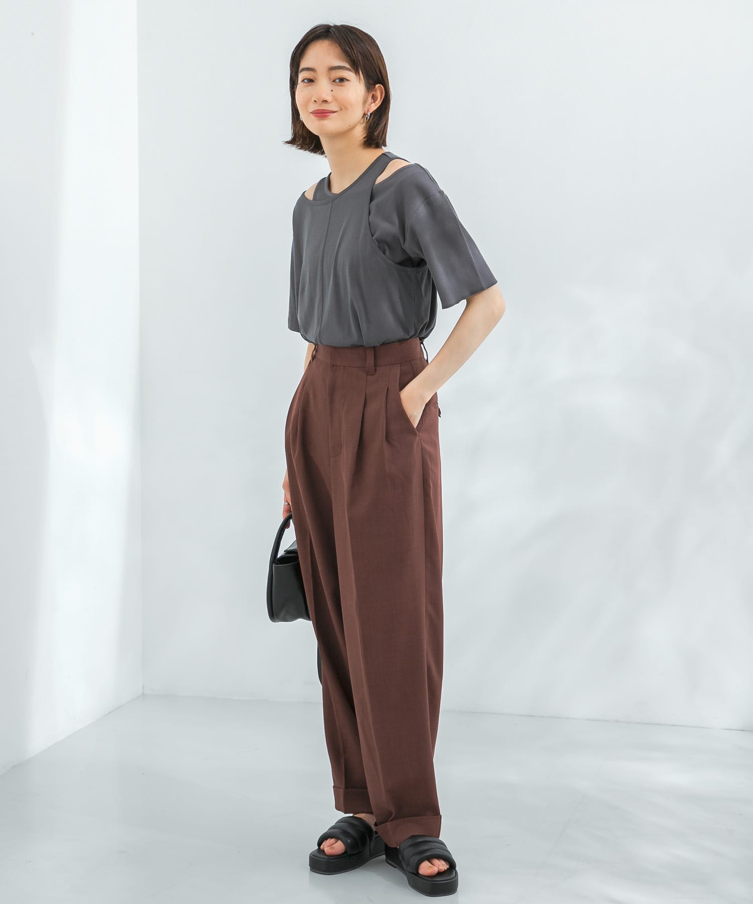 アシメレイヤードTシャツ CHARCOAL one