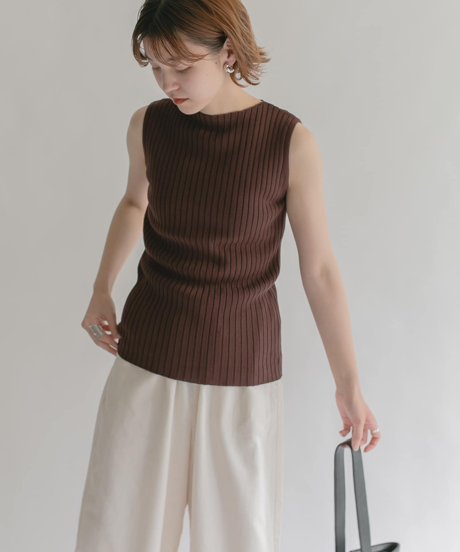 ボートネックRIBニットタンクトップ D.BROWN one