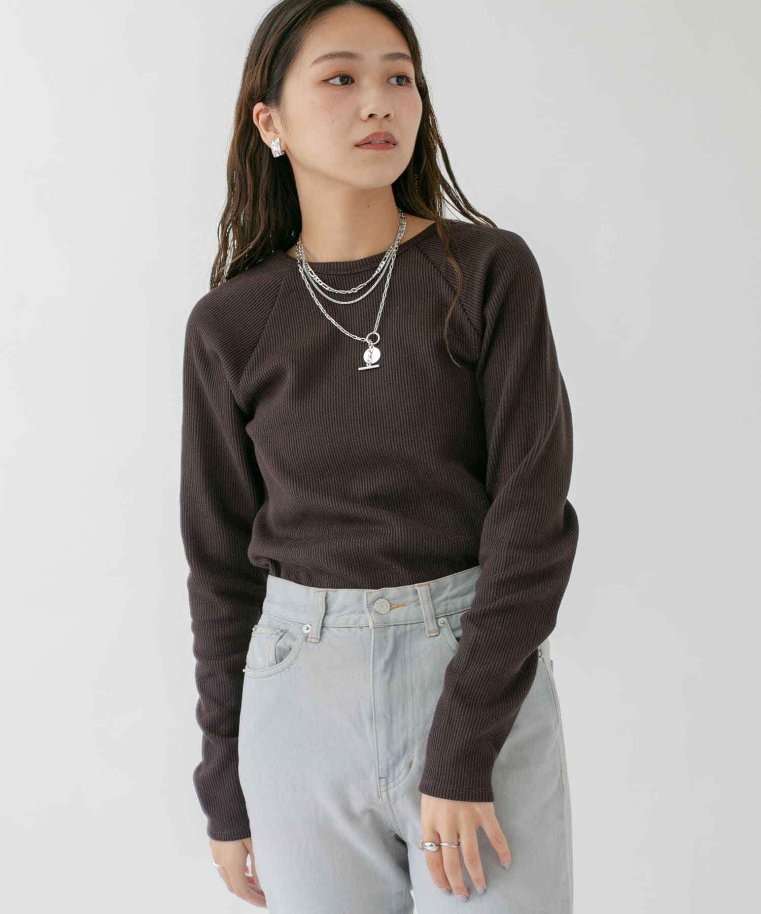 ラグランラインオープンカットソー D.BROWN one