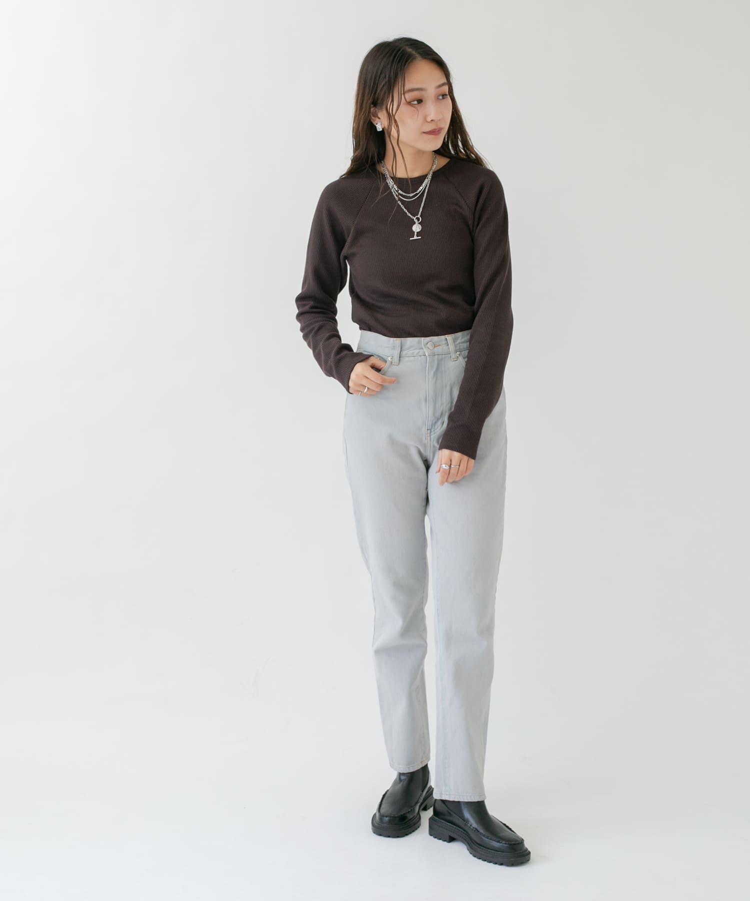 ラグランラインオープンカットソー D.BROWN one